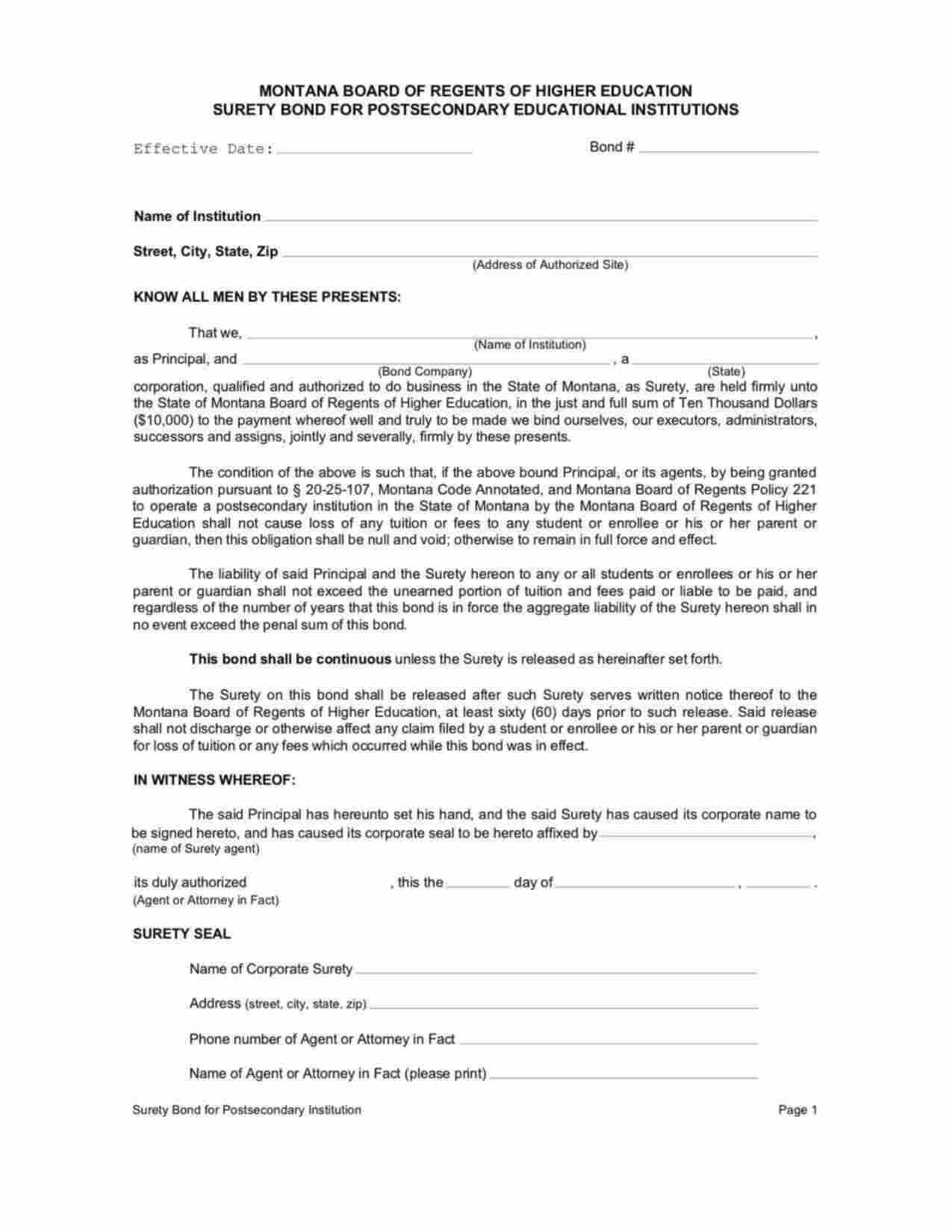 Montana Postsecondary Educational Institutions Bond Form