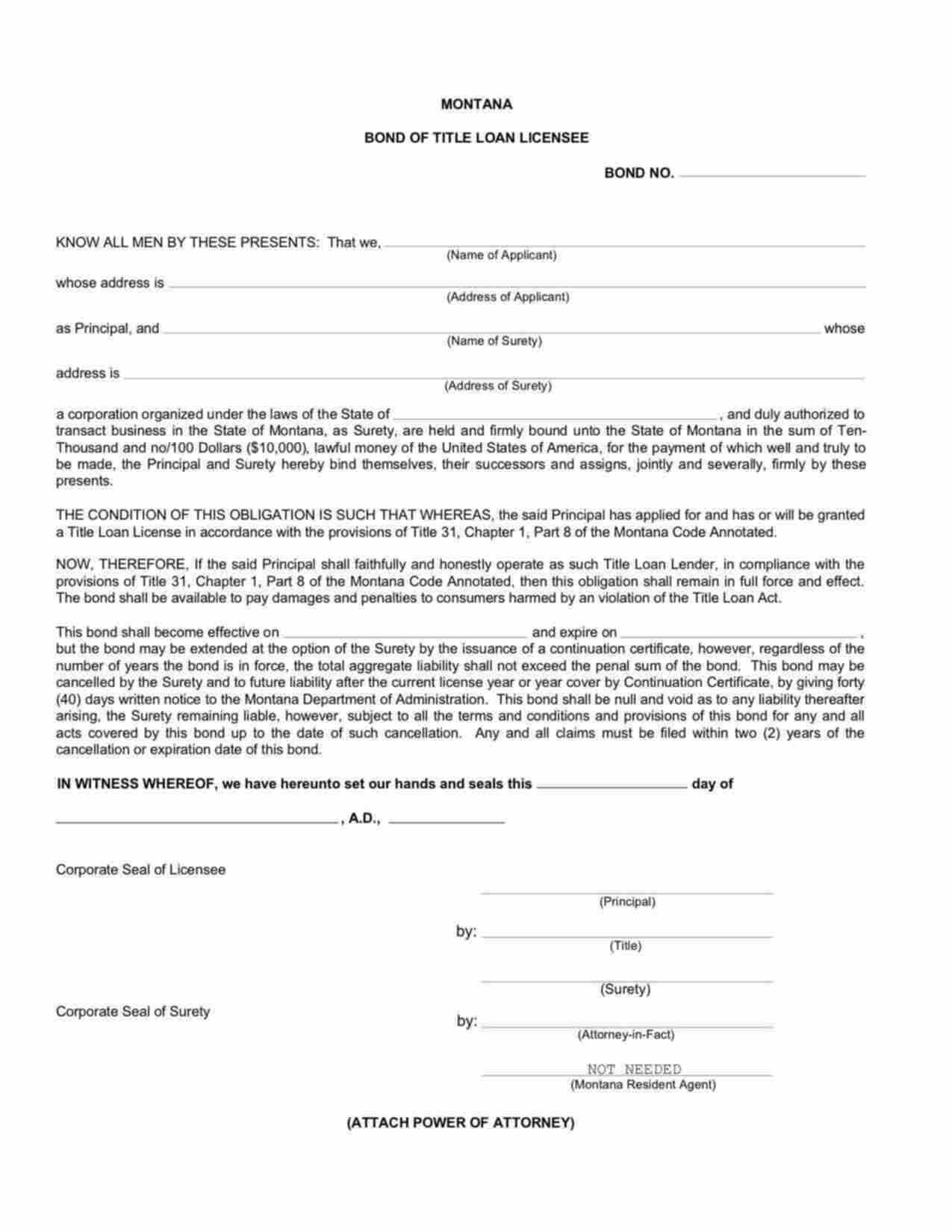 Montana Title Loan Licensee Bond Form