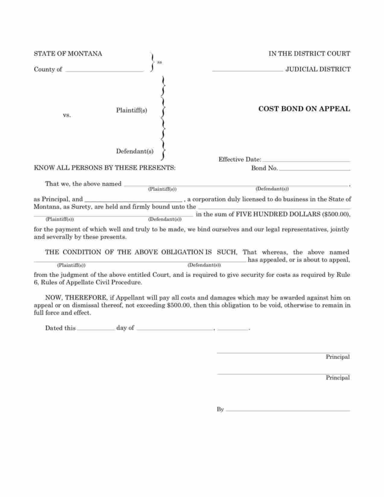 Montana Cost on Appeal Bond Form