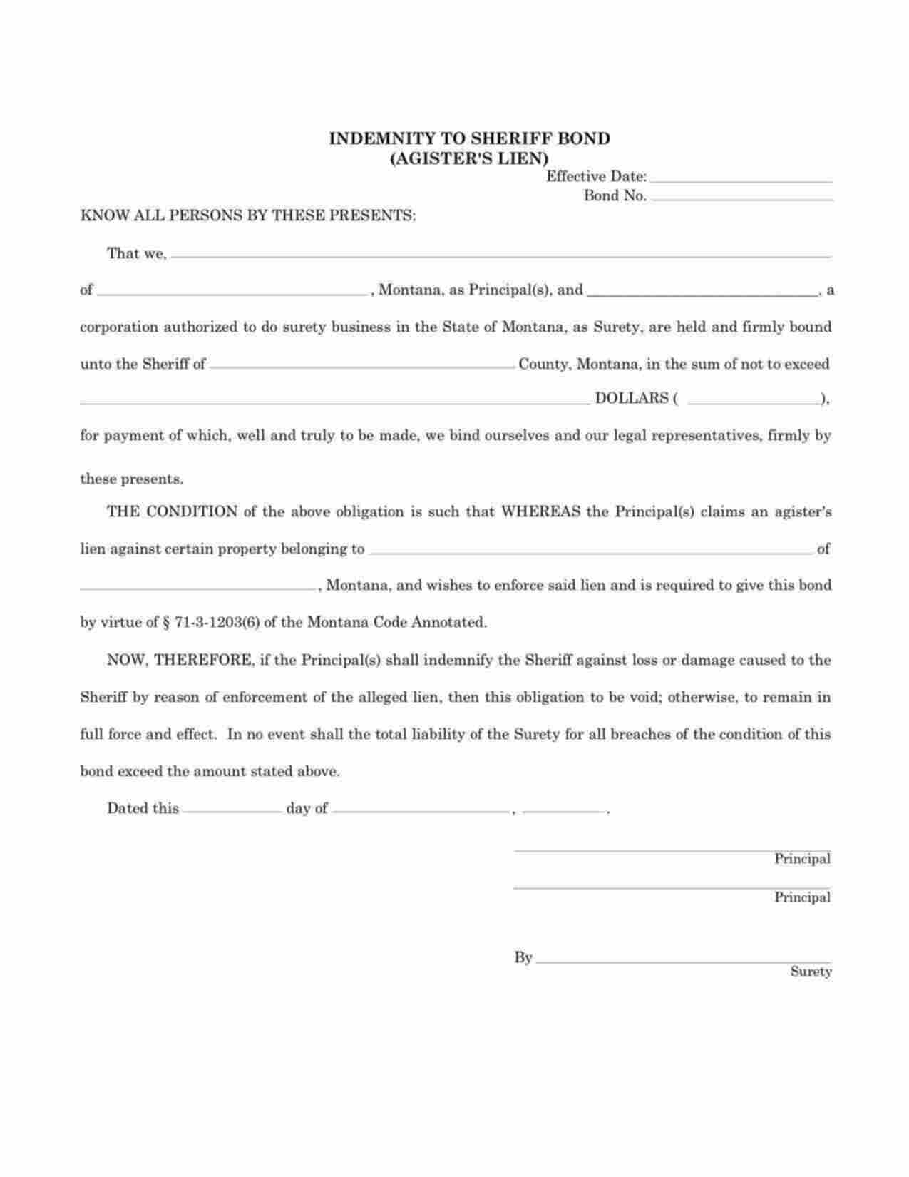 Montana Indemnity to Sheriff - Agister's Lien Bond Form