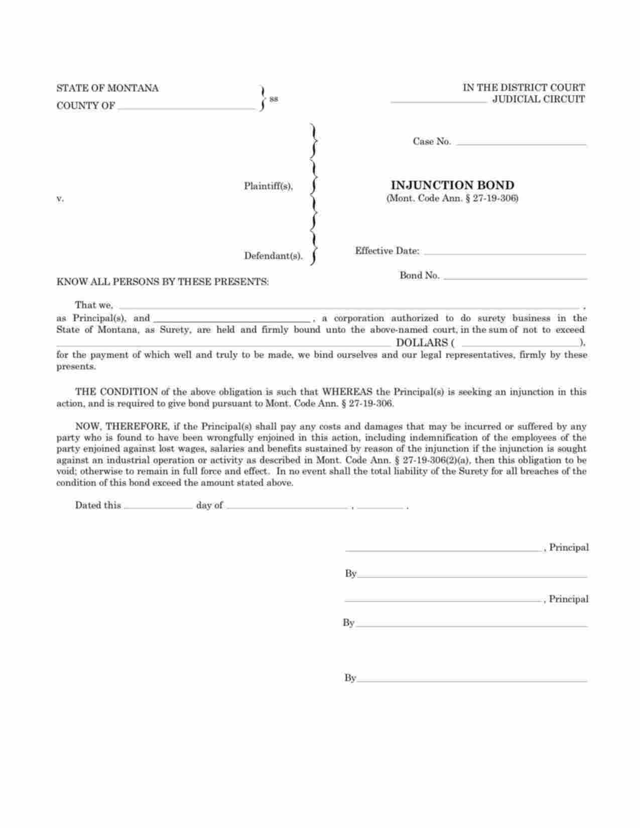 Montana Injunction Bond Form