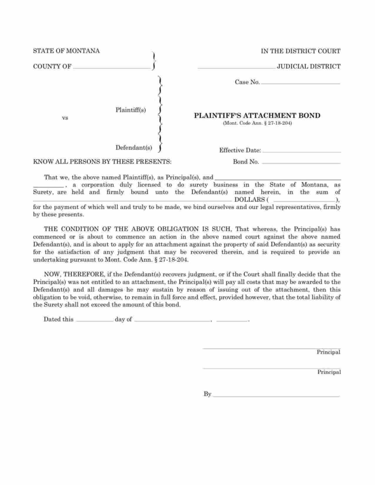 Montana Plaintiffs Attachment Bond Form