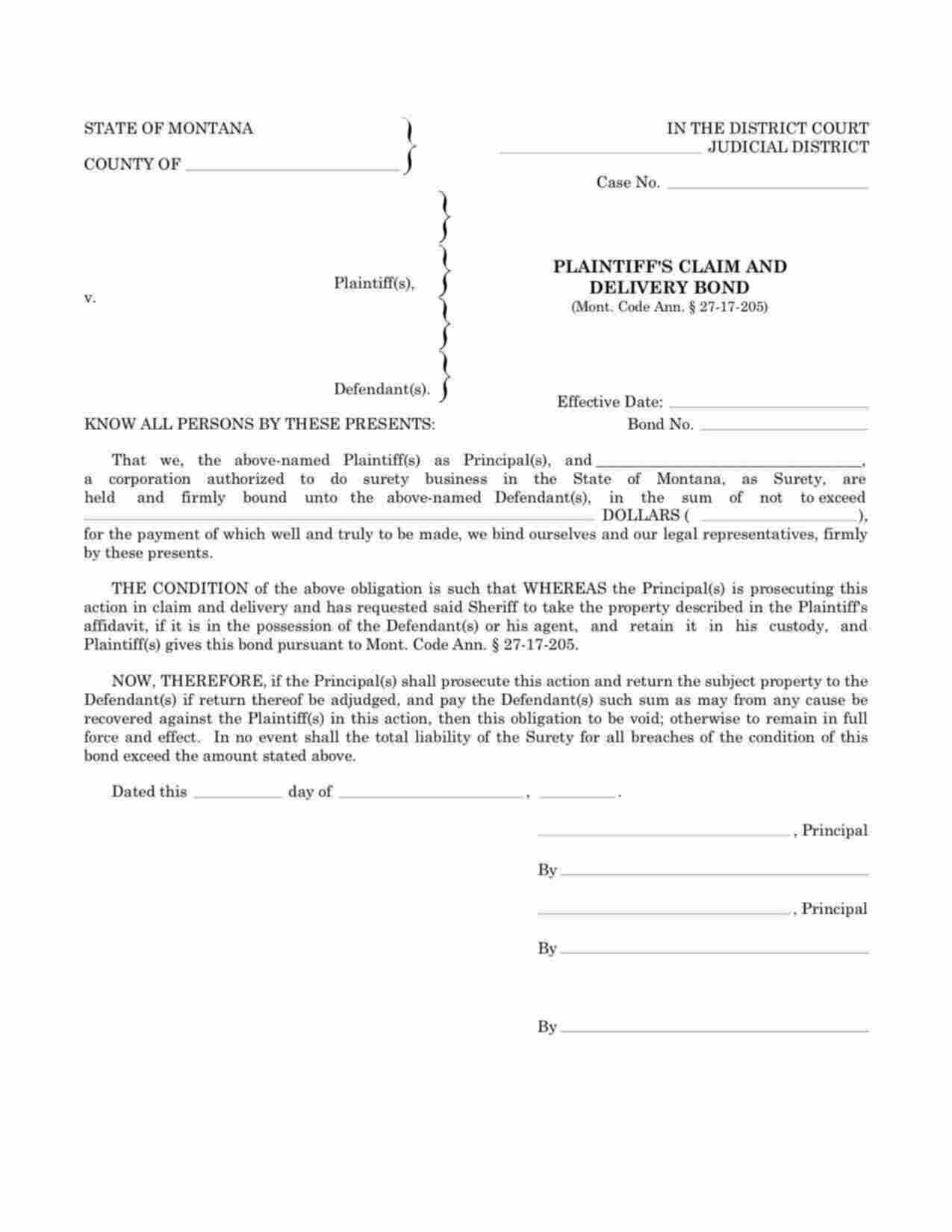 Montana Plaintiffs Claim and Delivery Bond Form