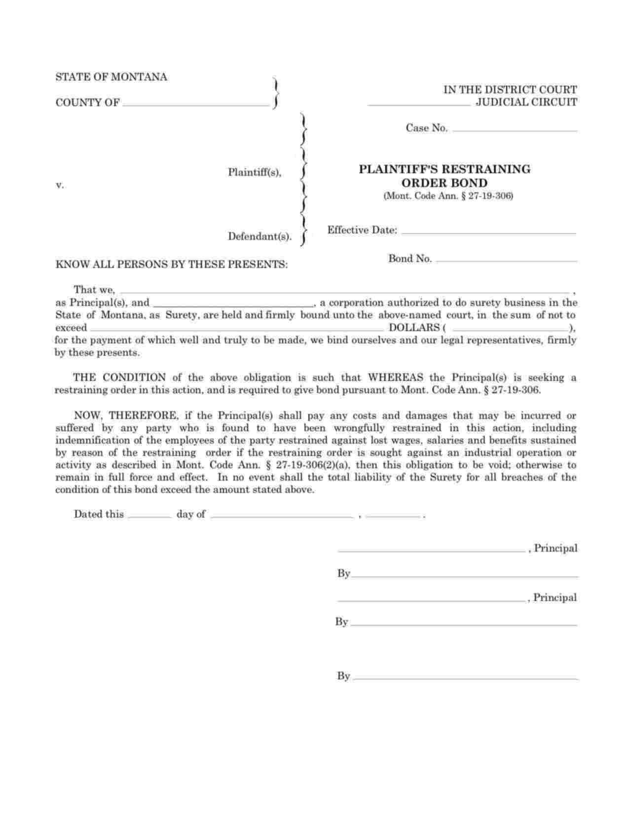 Montana Plaintiffs Restraining Order Bond Form