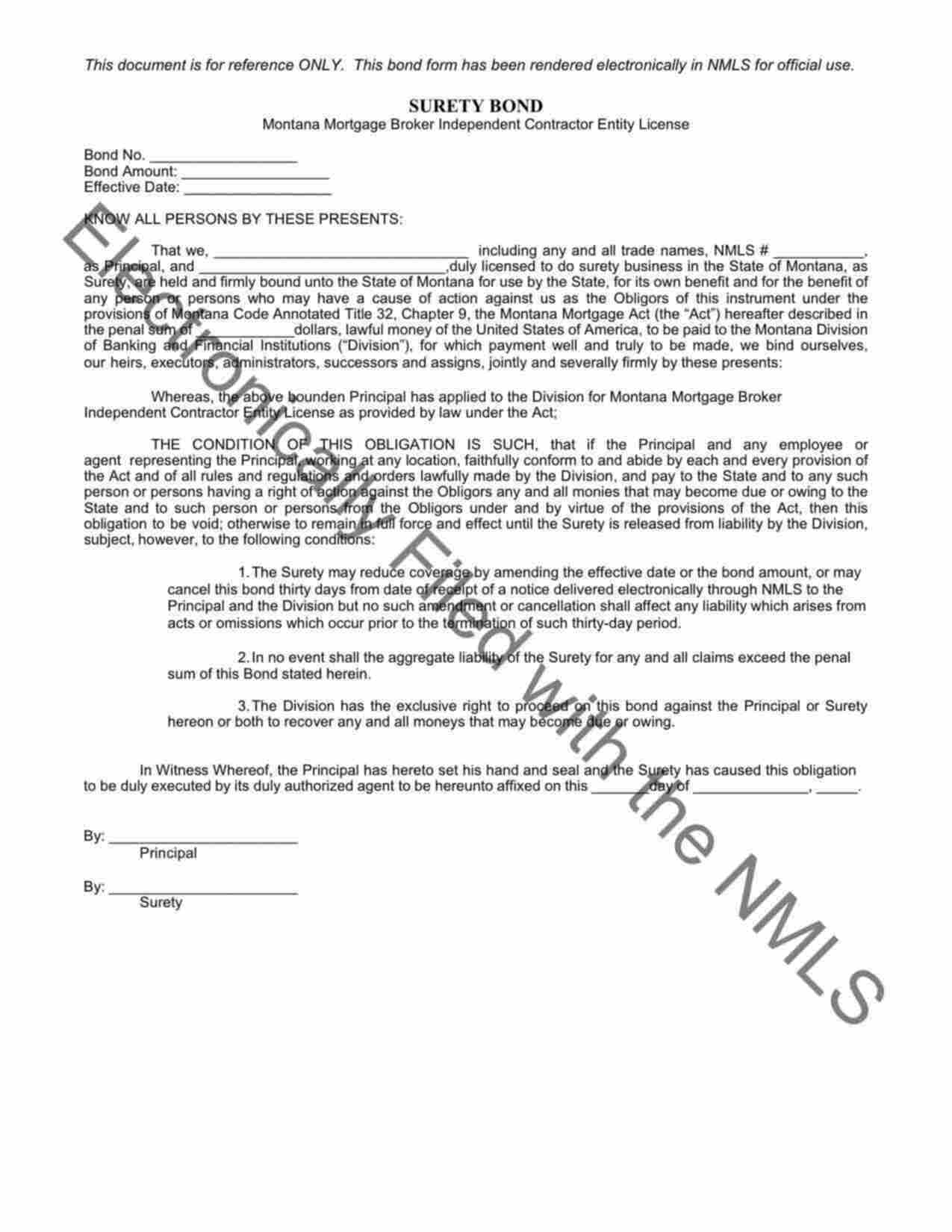 Montana Mortgage Broker Independent Contractor Entity Bond Form