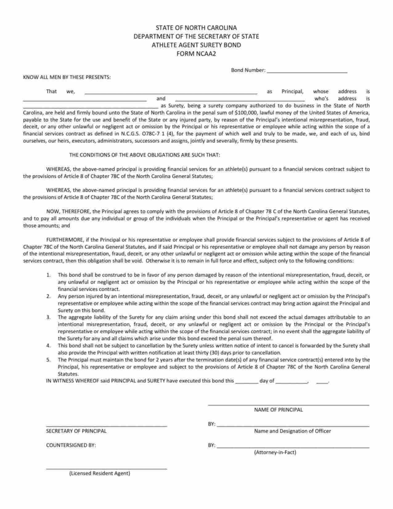 North Carolina Athlete Agent Bond Form