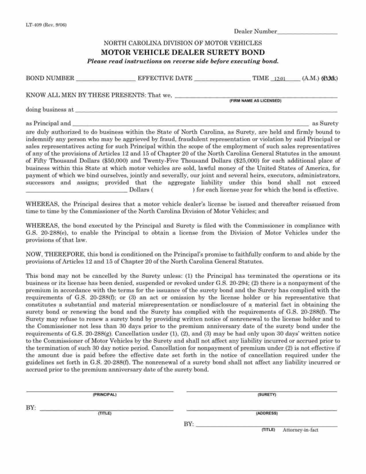 North Carolina Motor Vehicle Dealer Bond Form