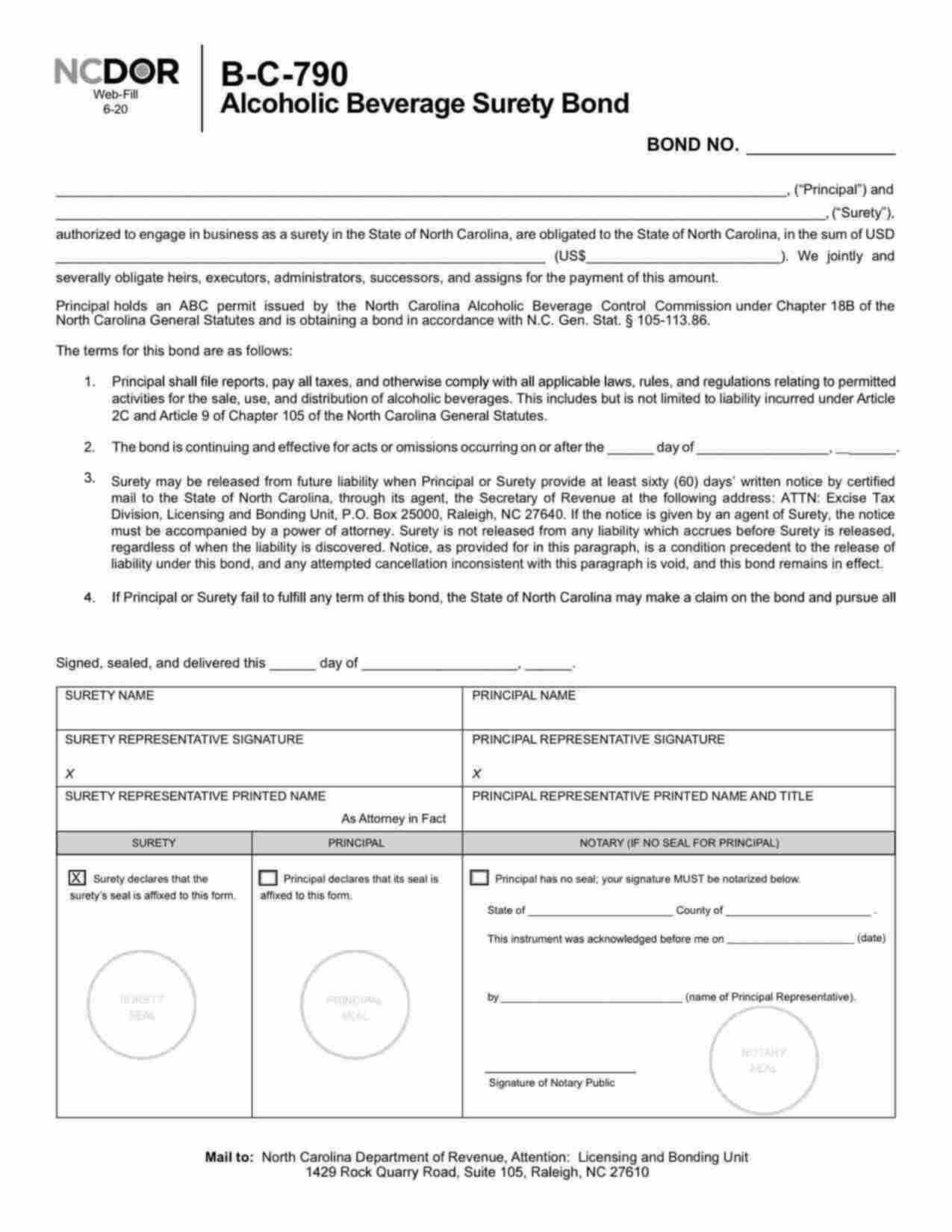 North Carolina Alcoholic Beverage Wholesalers or Importers Bond Form