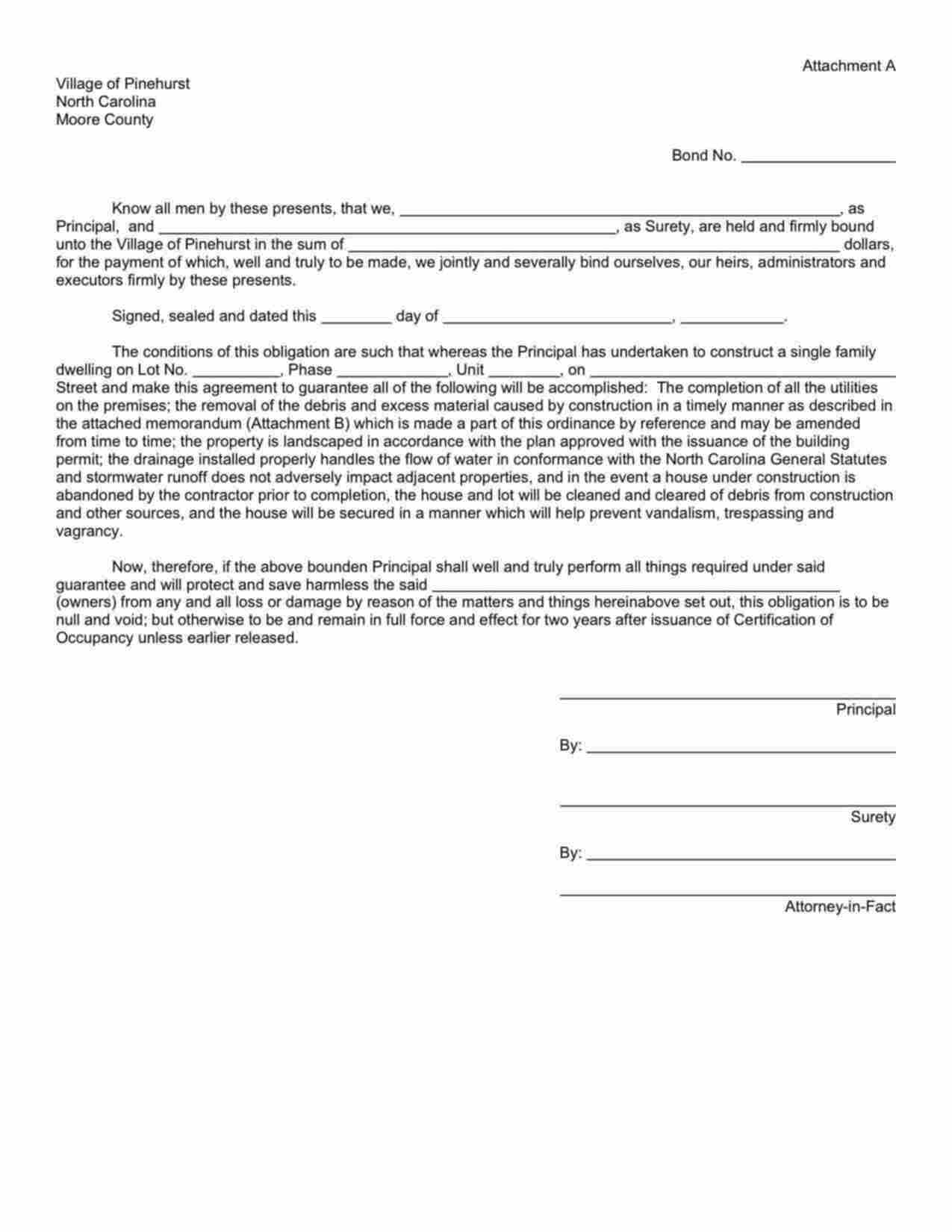 North Carolina Site Improvement Bond Form