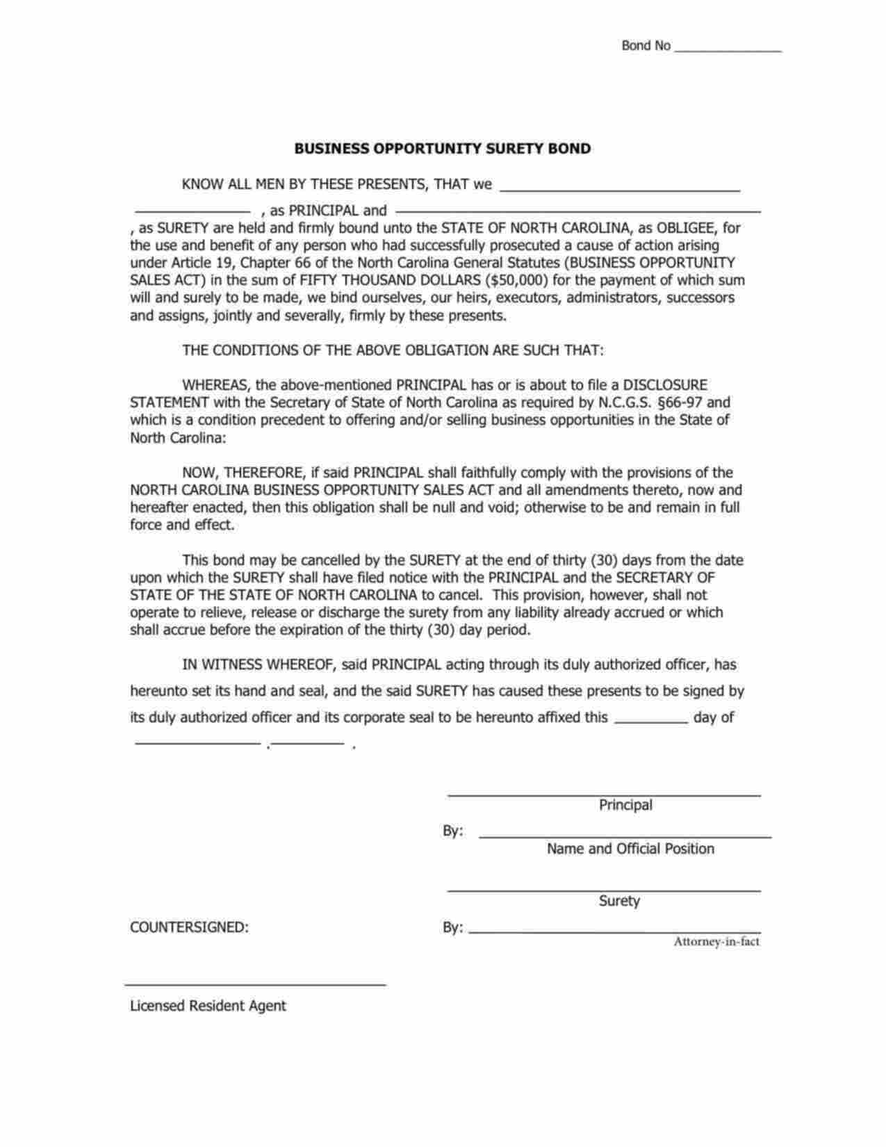 North Carolina Business Opportunity Bond Form