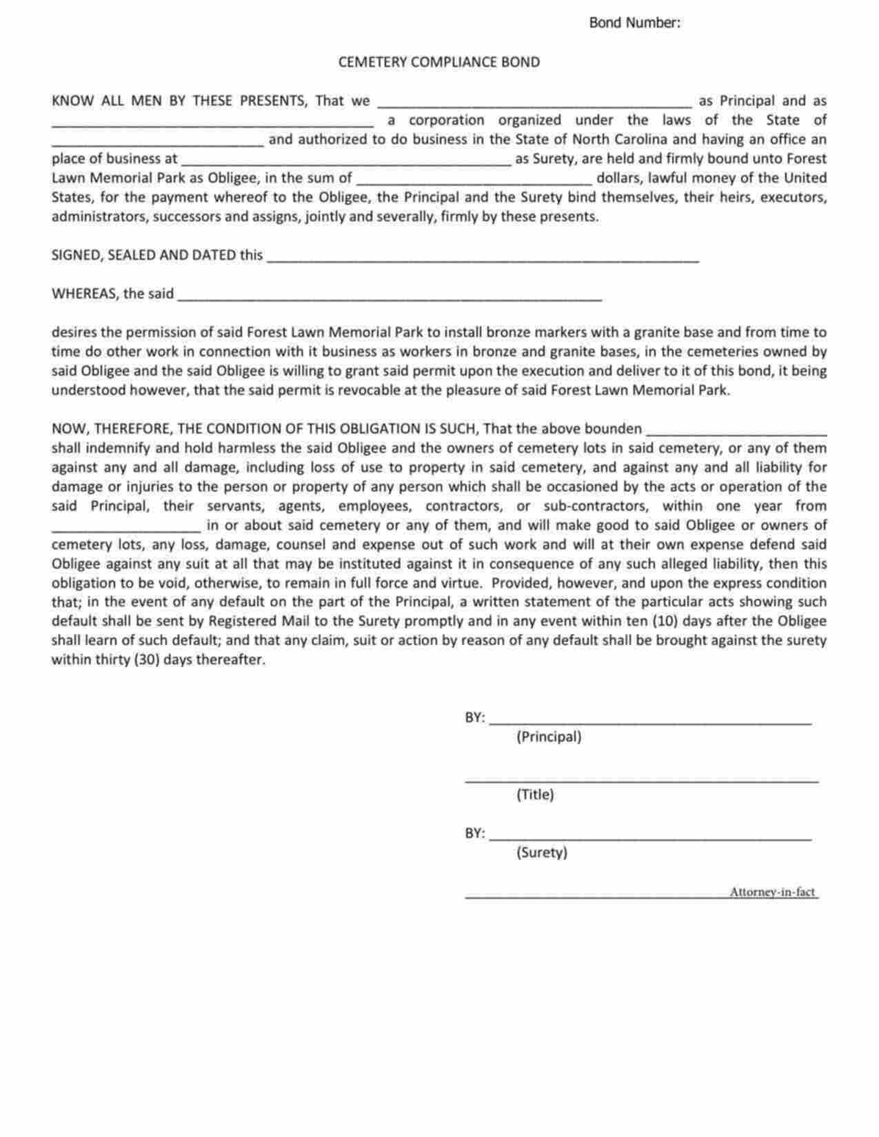 North Carolina Cemetery Compliance Bond Form