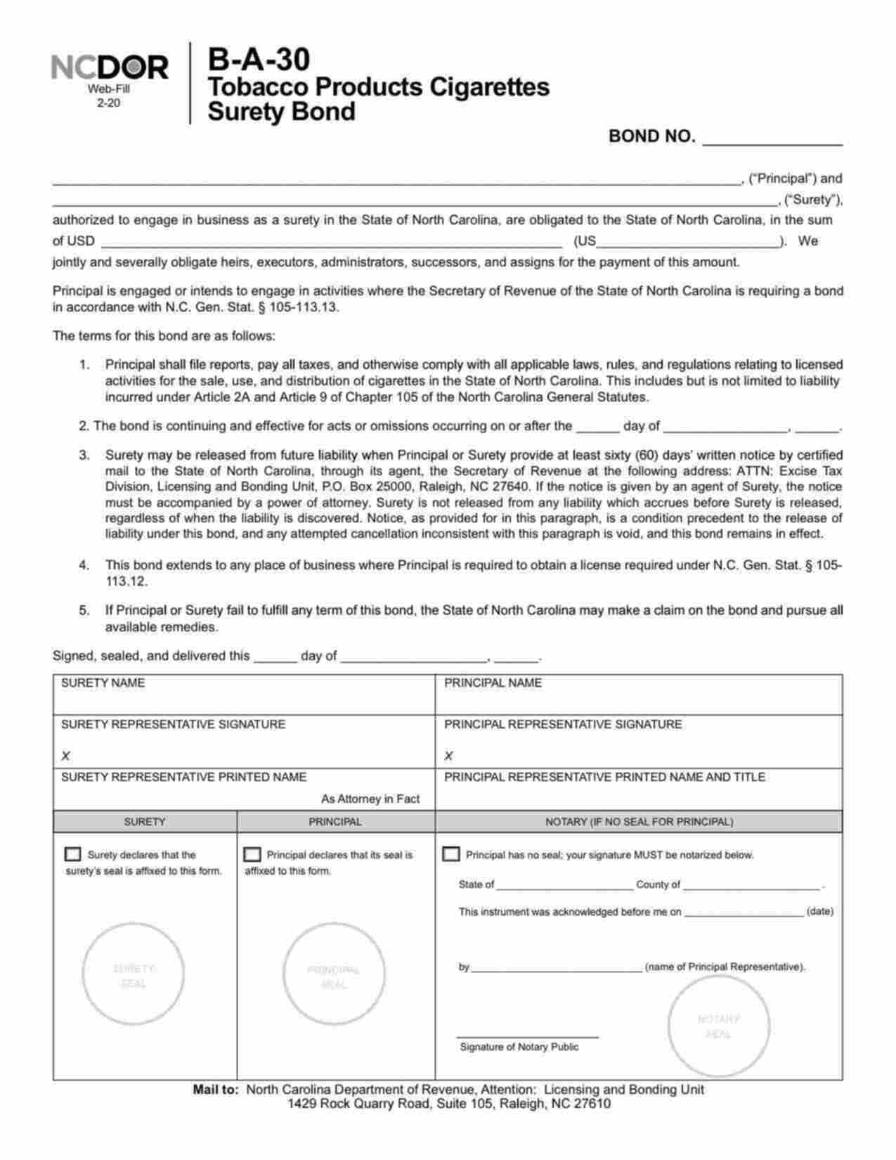 North Carolina Cigarette Distributor Tax Bond Form