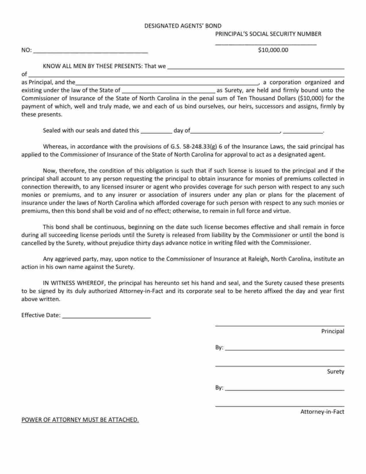 North Carolina Designated Agent Bond Form