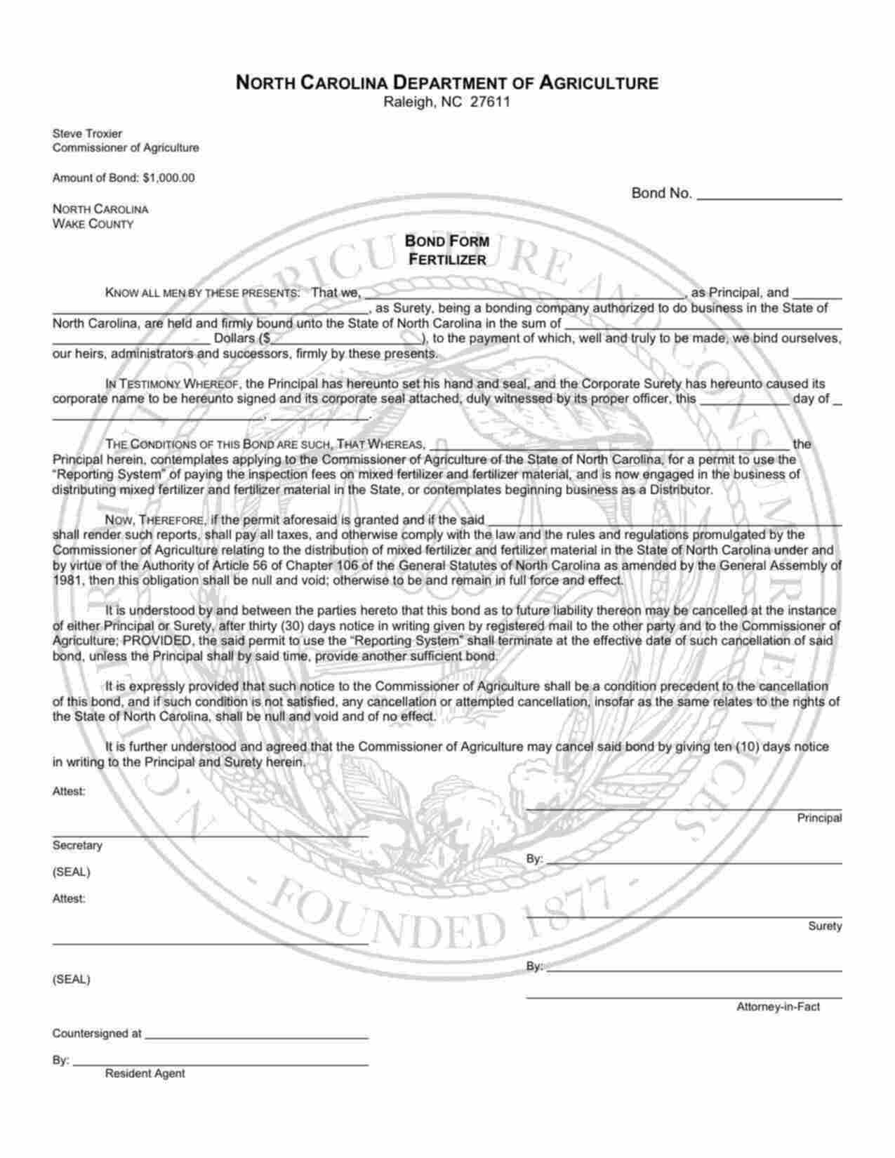 North Carolina Fertilizer Distributor Bond Form