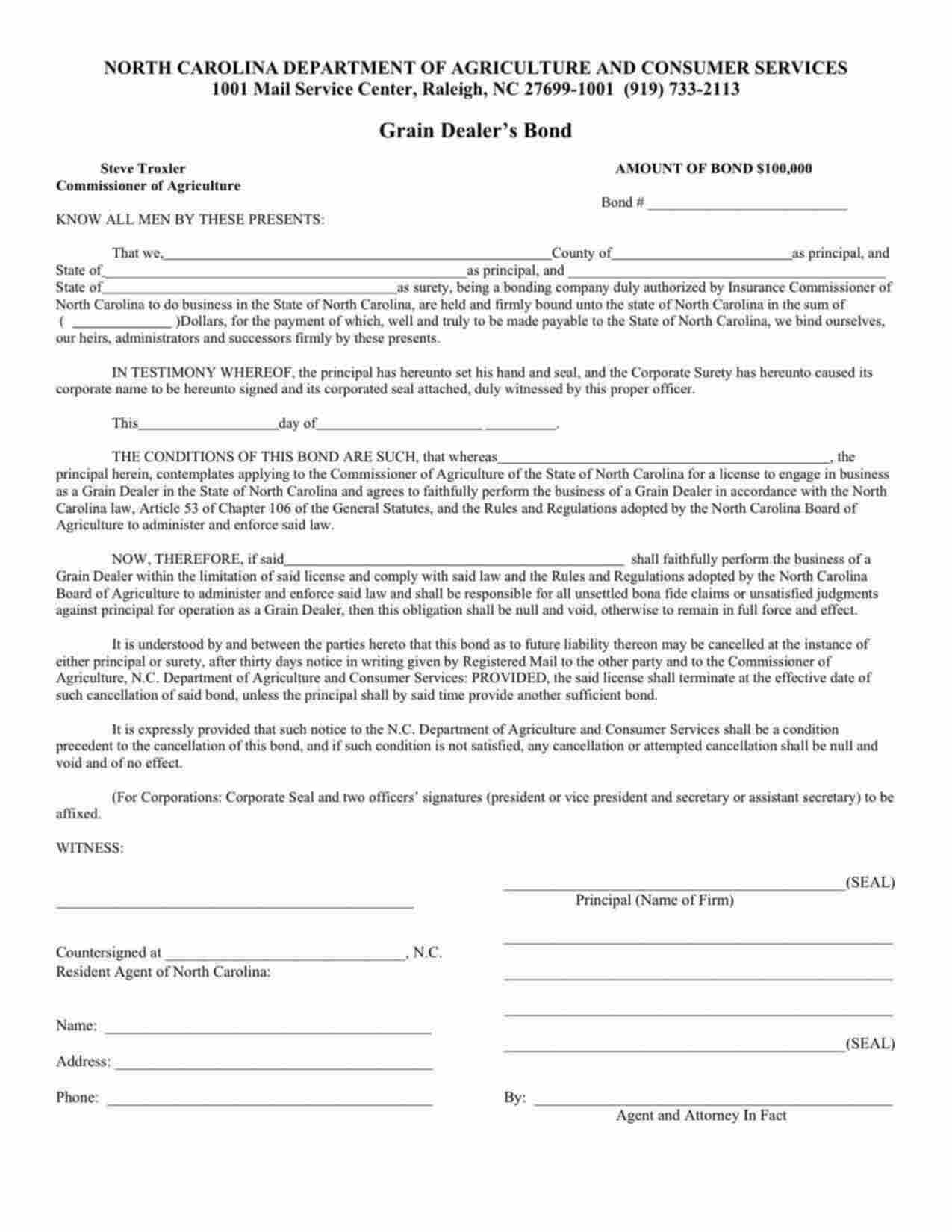 North Carolina Grain Dealer Bond Form