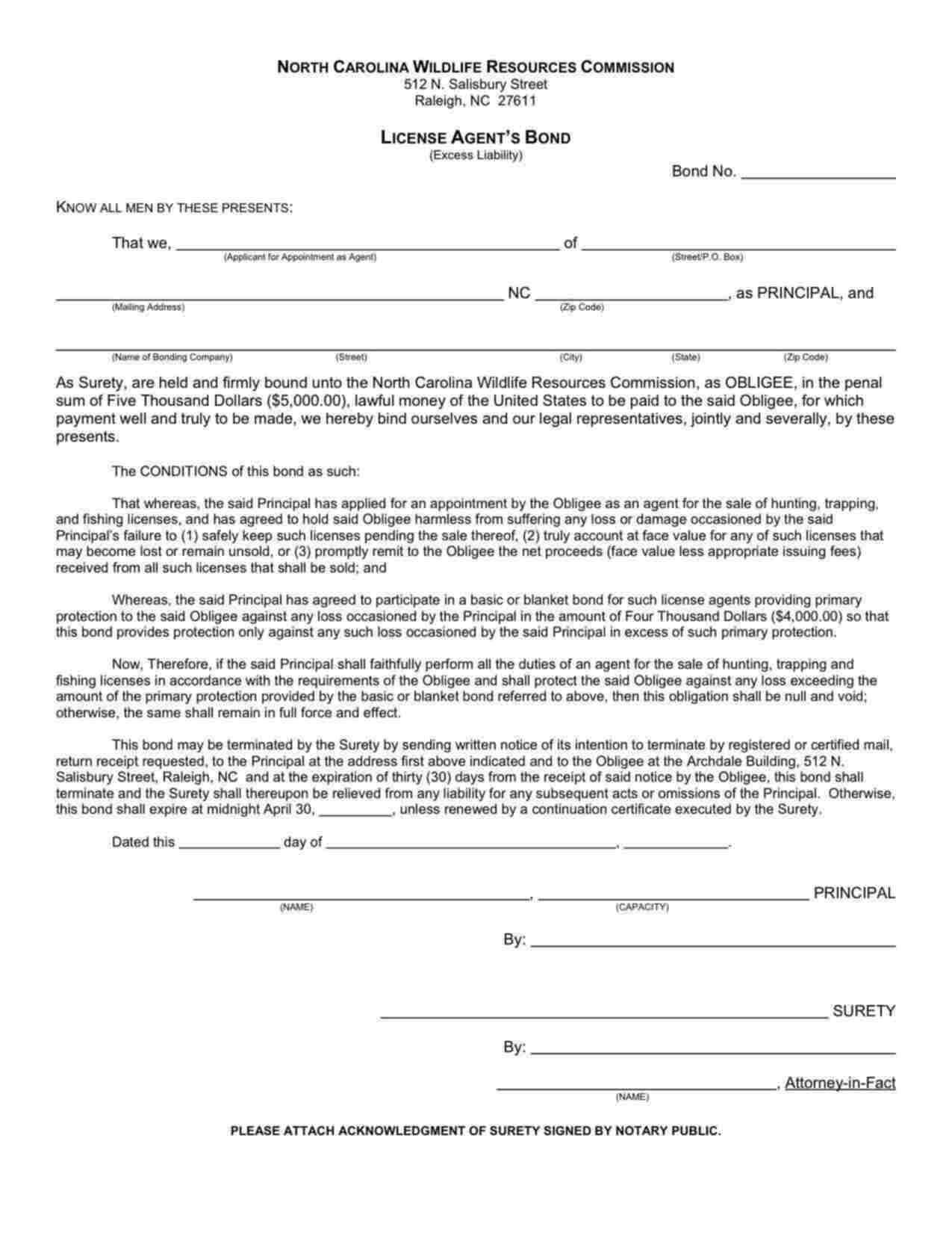 North Carolina Hunting & Fishing License Agent Bond Form