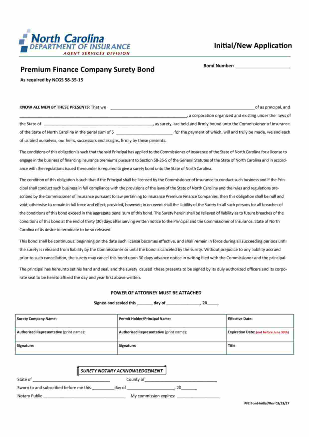 North Carolina Premium Finance Company Bond Form