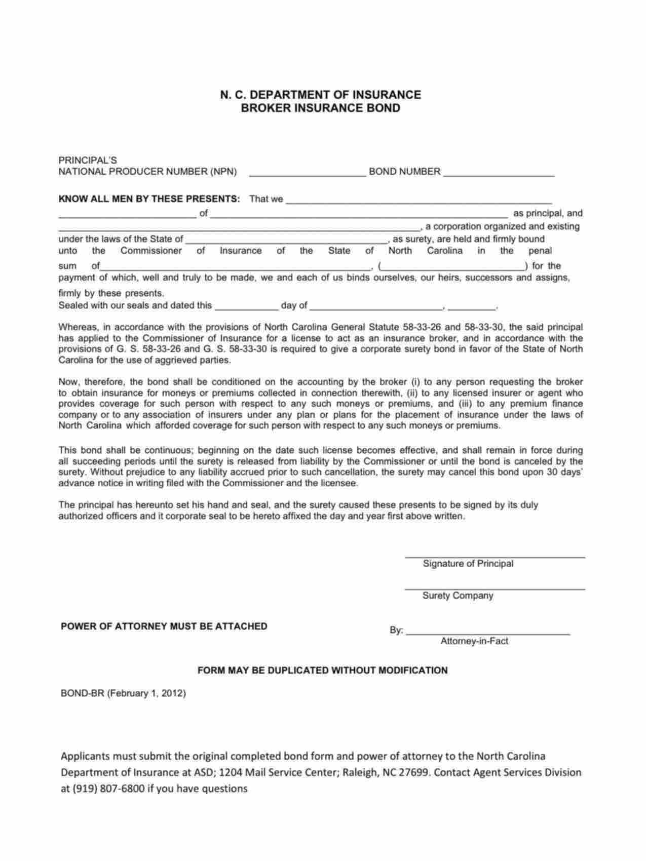 North Carolina Insurance Broker Bond Form