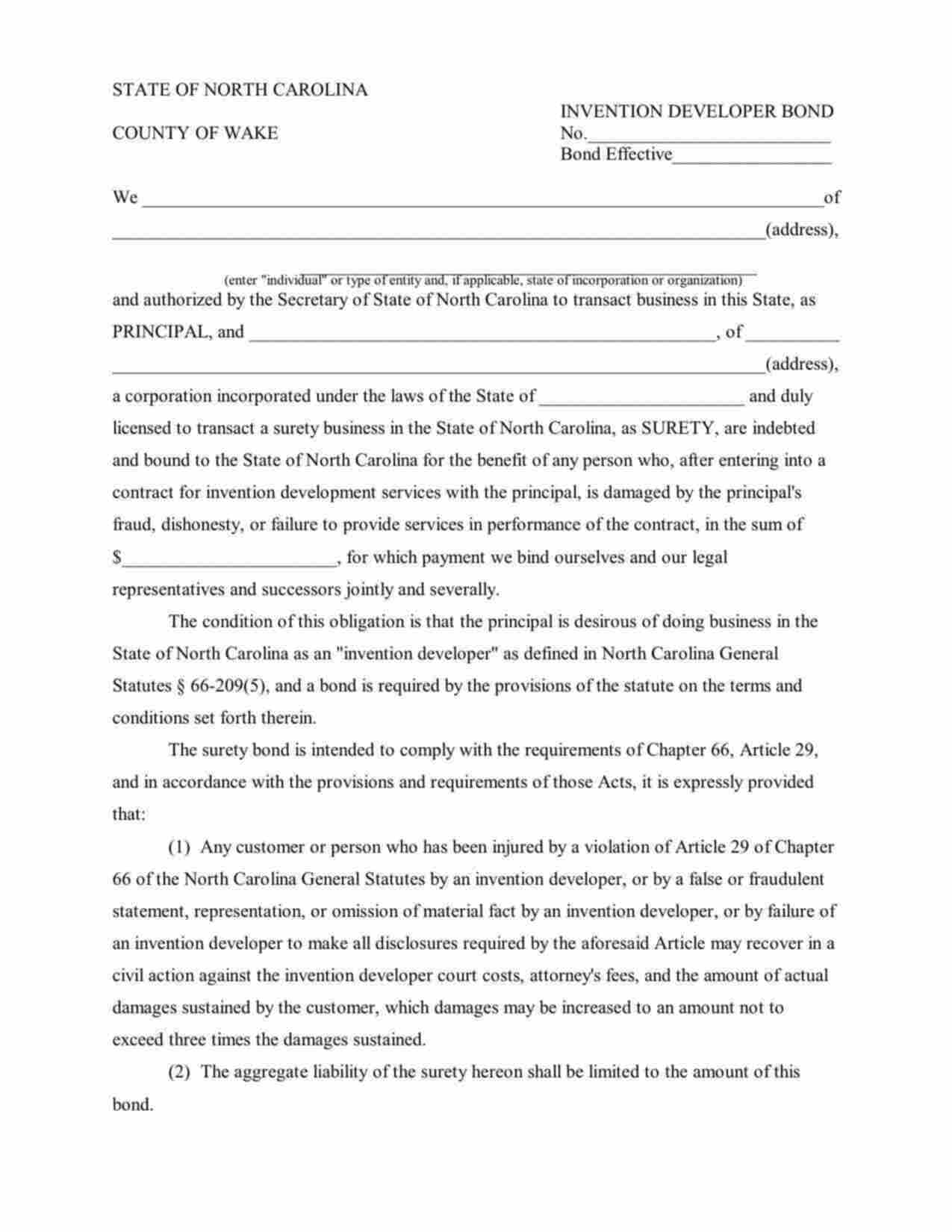 North Carolina Invention Developer Bond Form