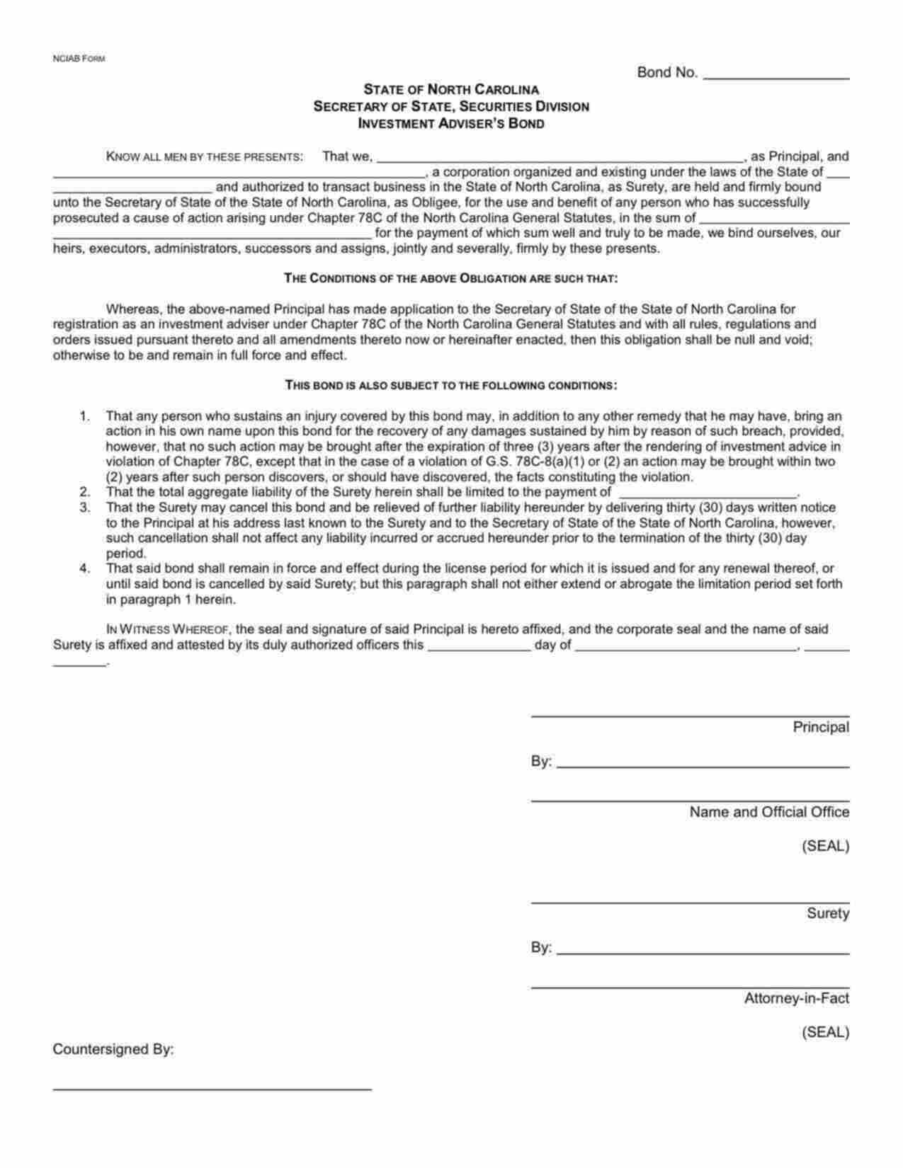 North Carolina Investment Advisor Bond Form