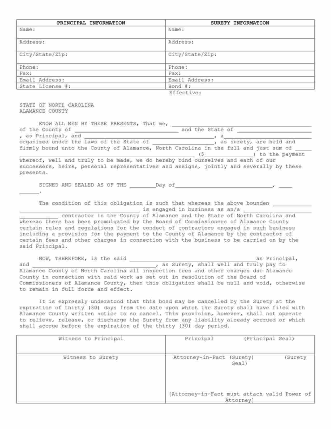 North Carolina License/Permit Bond Form