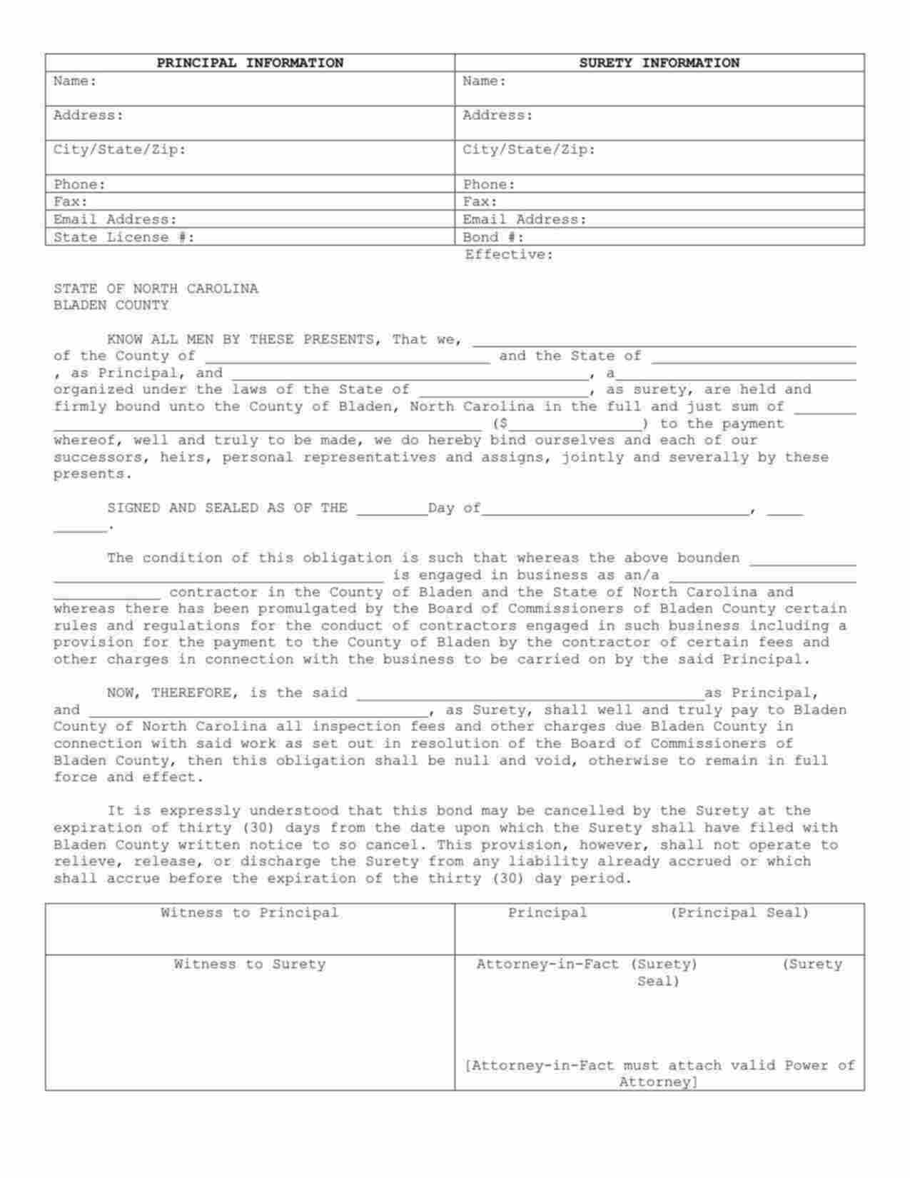 North Carolina License/Permit Bond Form