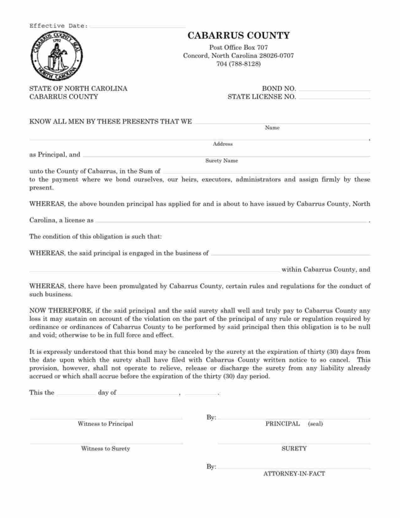 North Carolina License/Permit Bond Form