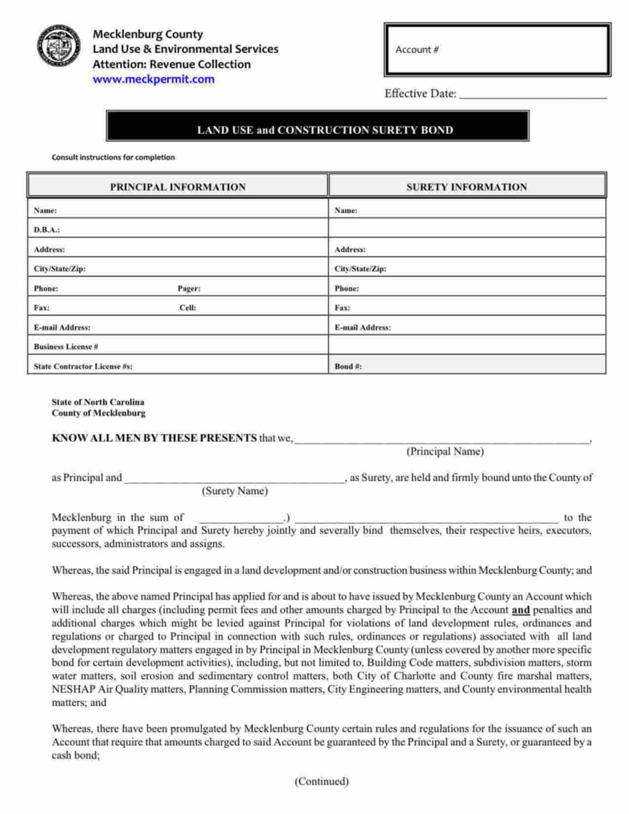 North Carolina Land Use and Construction Bond Form