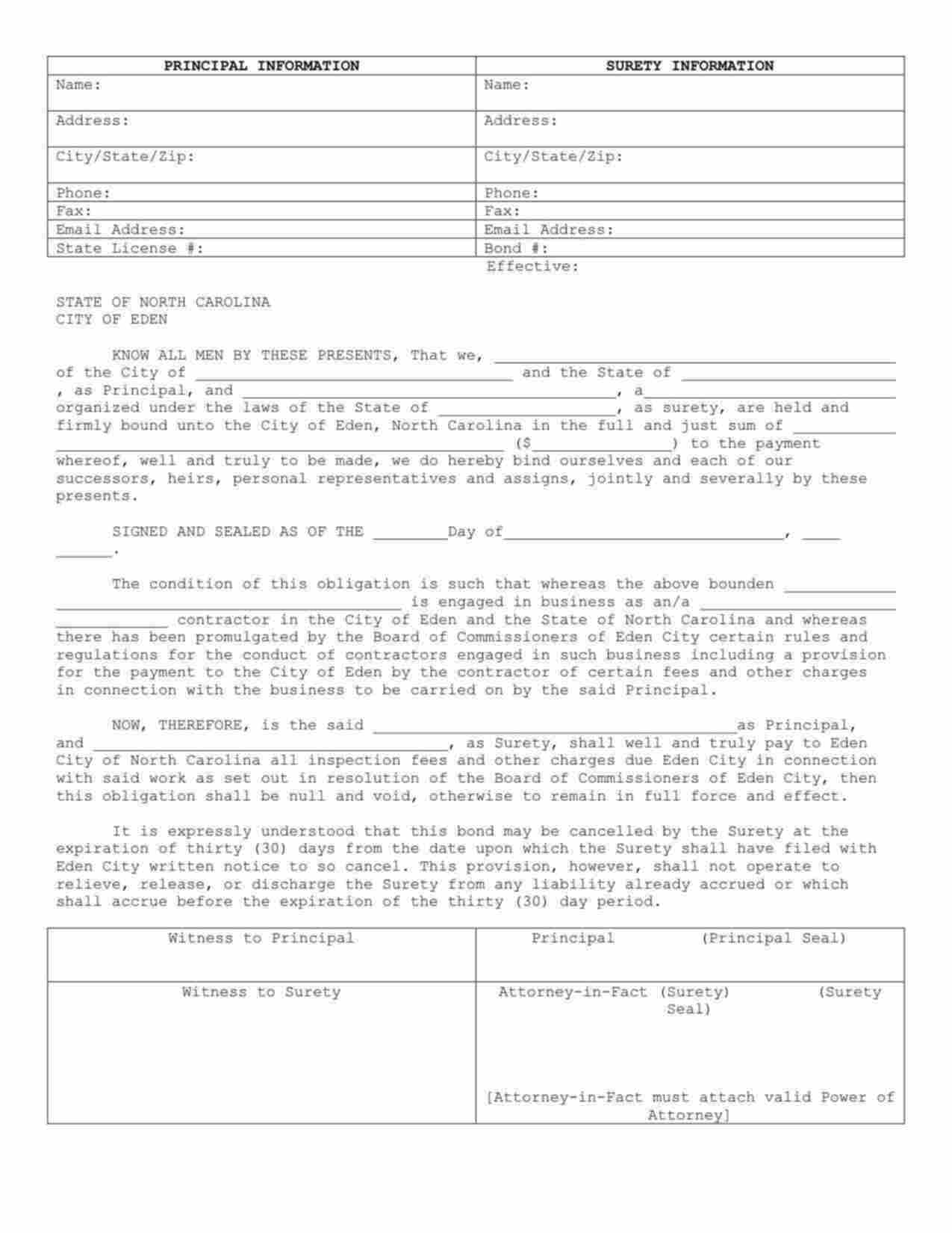 North Carolina License/Permit Bond Form