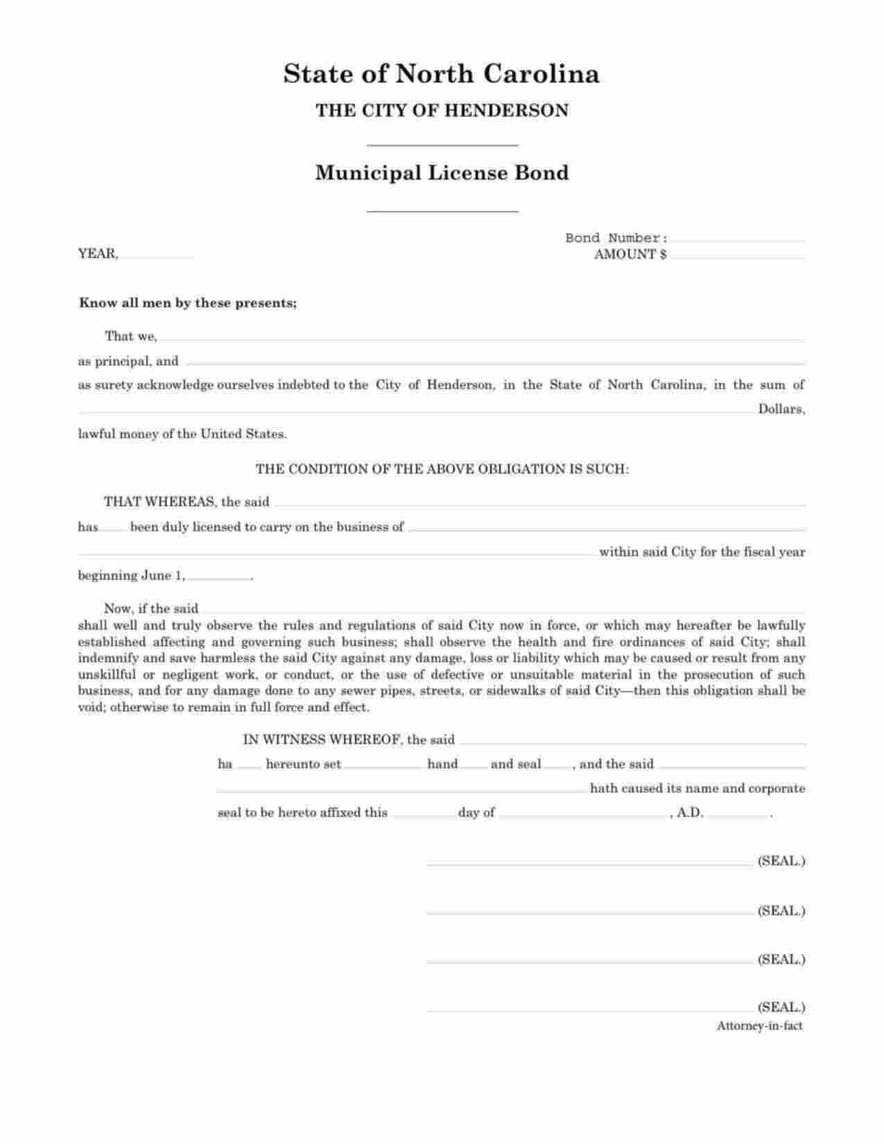 North Carolina Municipal License Bond Form