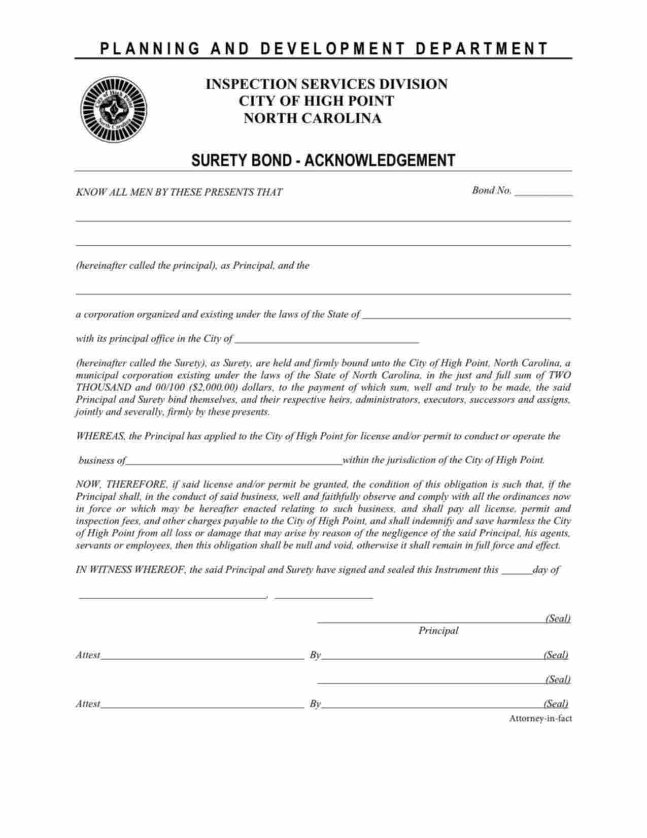 North Carolina License/Permit Bond Form