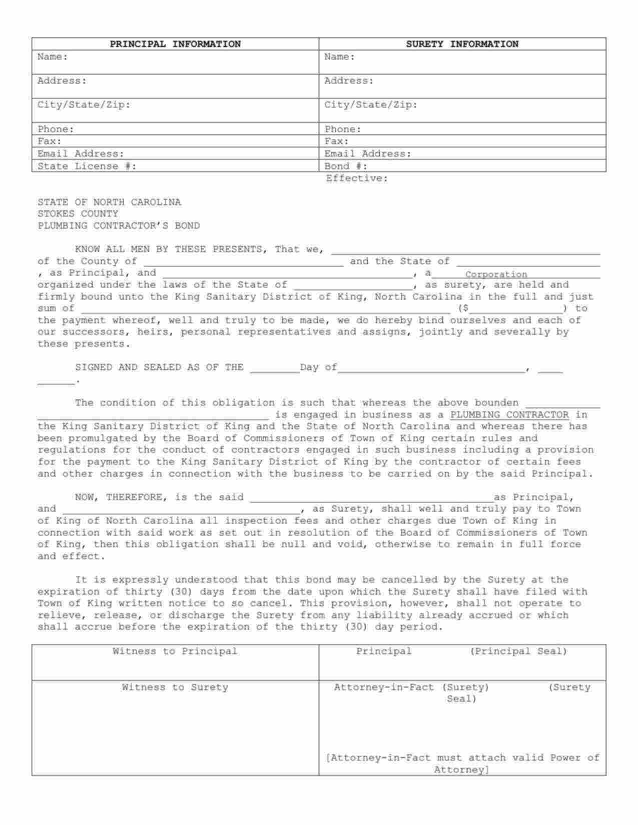 North Carolina Plumbing Contractor Bond Form