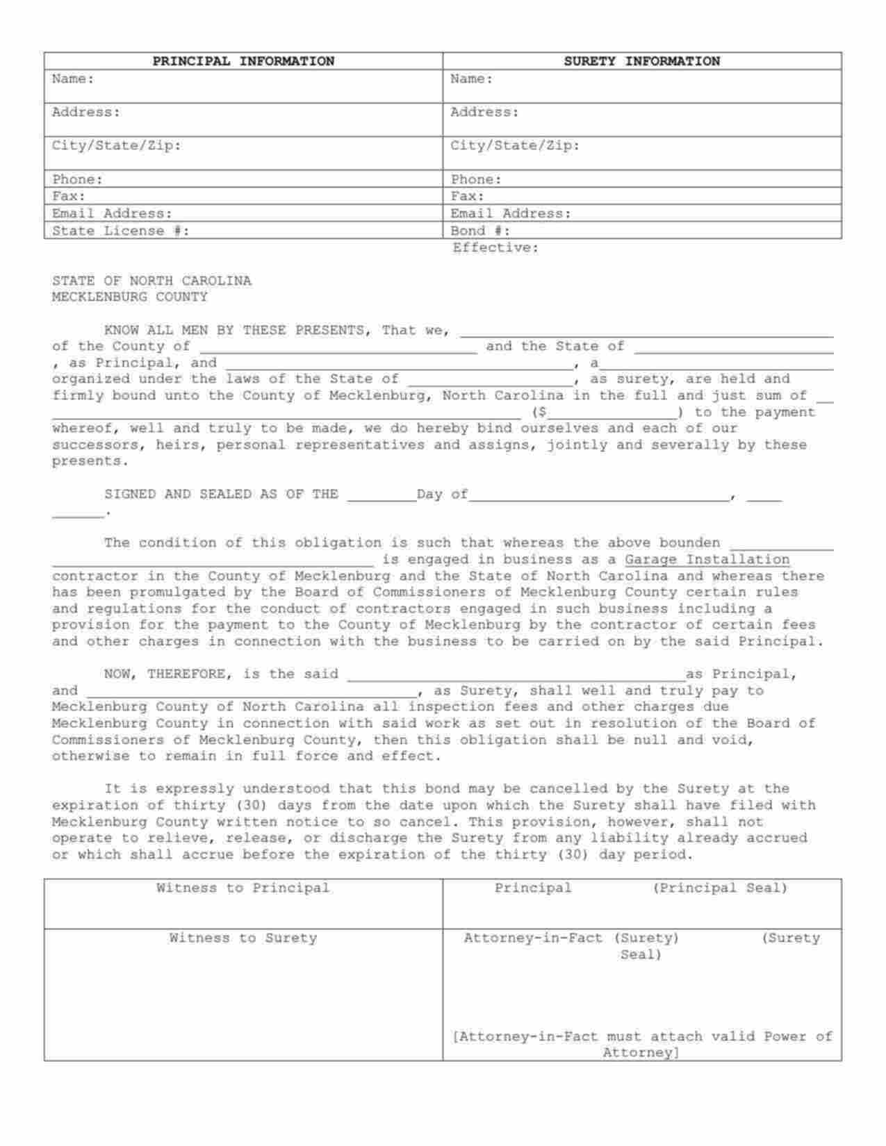 North Carolina Garage Installation Bond Form