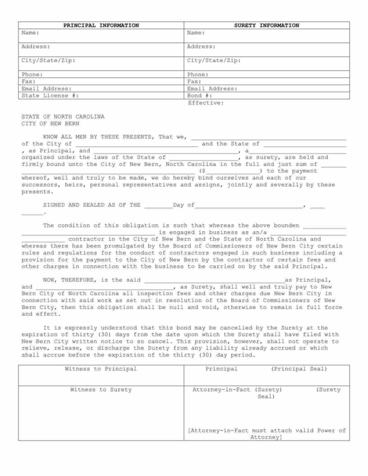 North Carolina License/Permit Bond Form