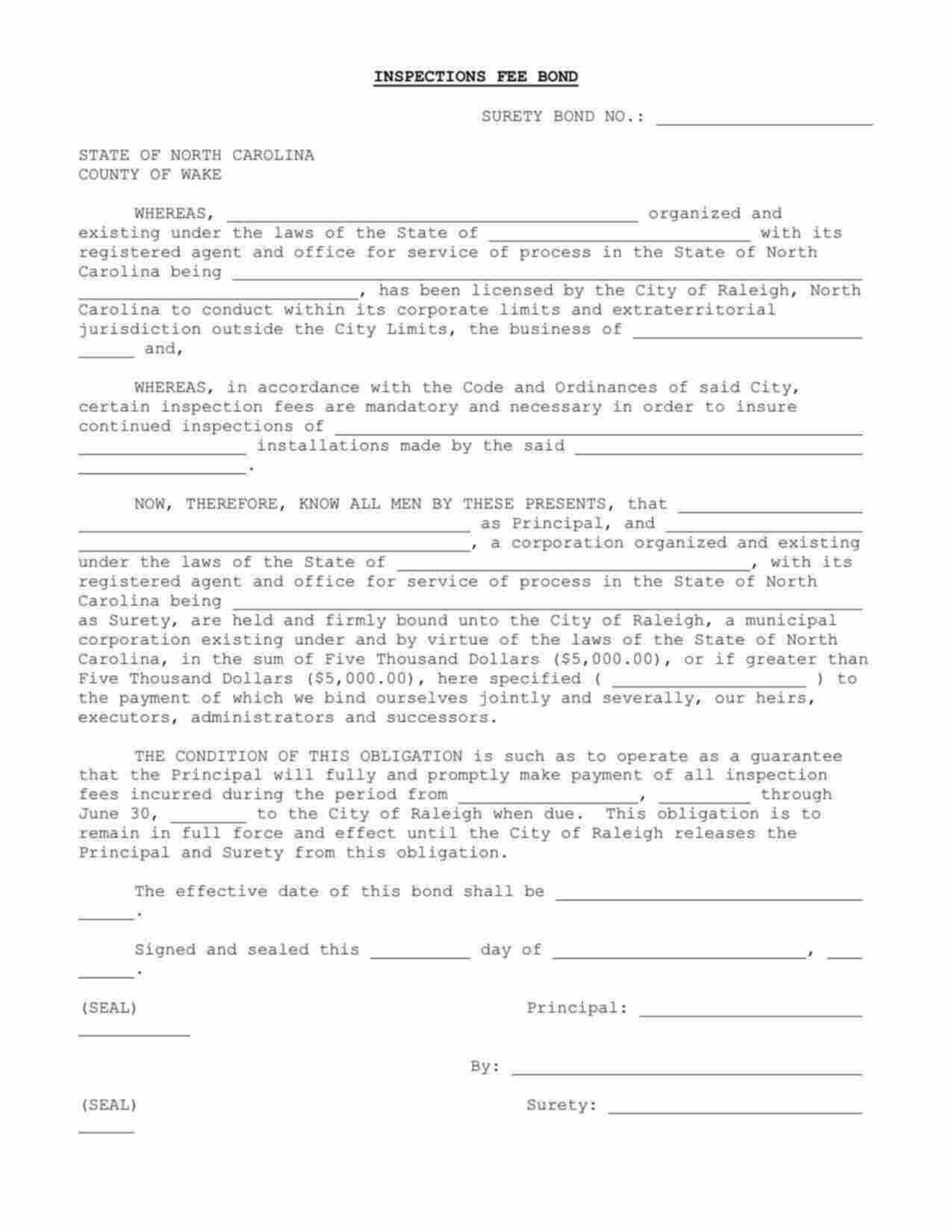 North Carolina Inspection Fee Bond Form