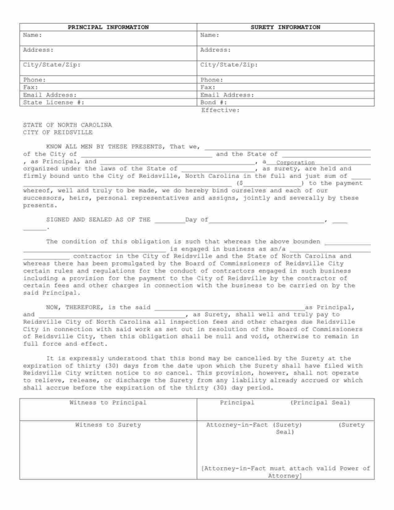 North Carolina License/Permit Bond Form