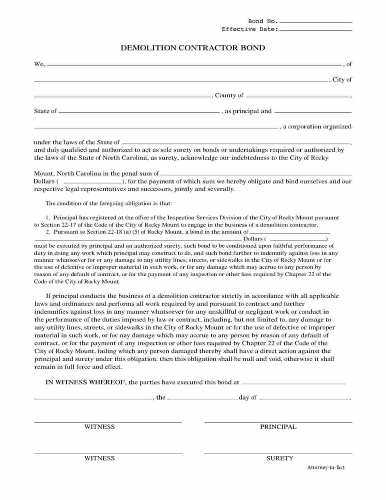 North Carolina Demolition Contractor Bond Form