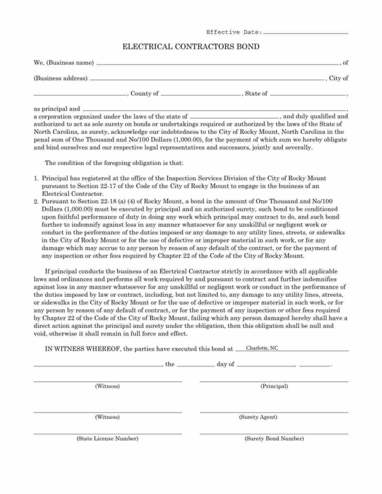 North Carolina Electrical Contractor Bond Form