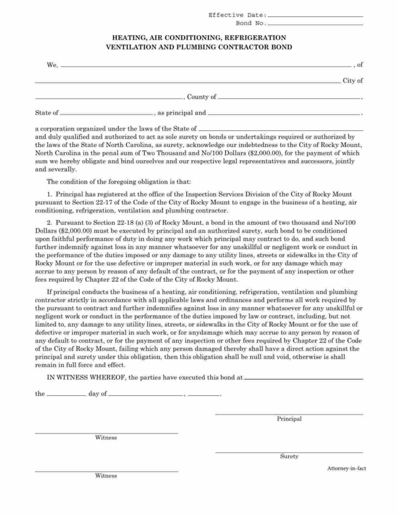 North Carolina Heating, Air Conditioning, Refrigeration Ventilation and Plumbing Contractor Bond Form