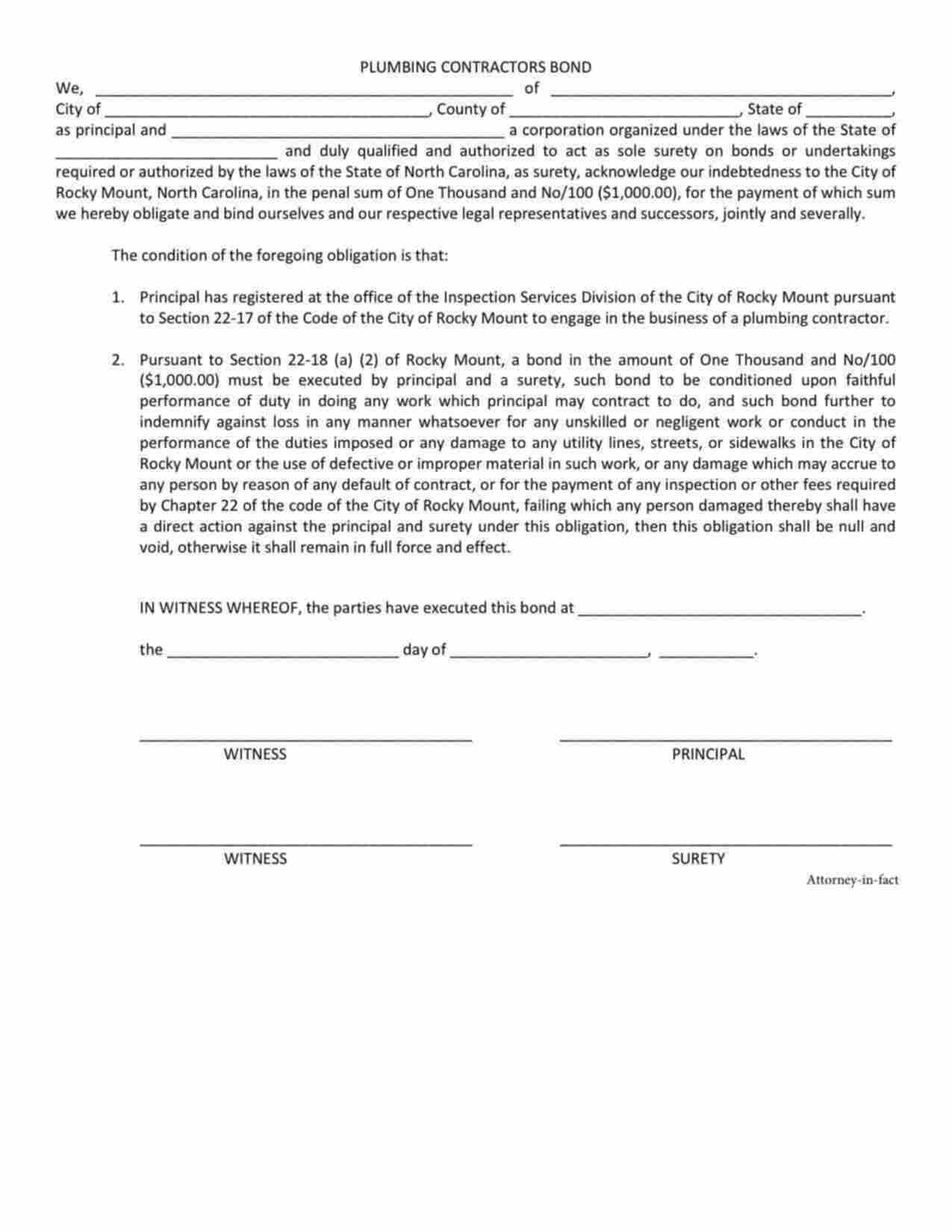 North Carolina Plumbing Contractor Bond Form