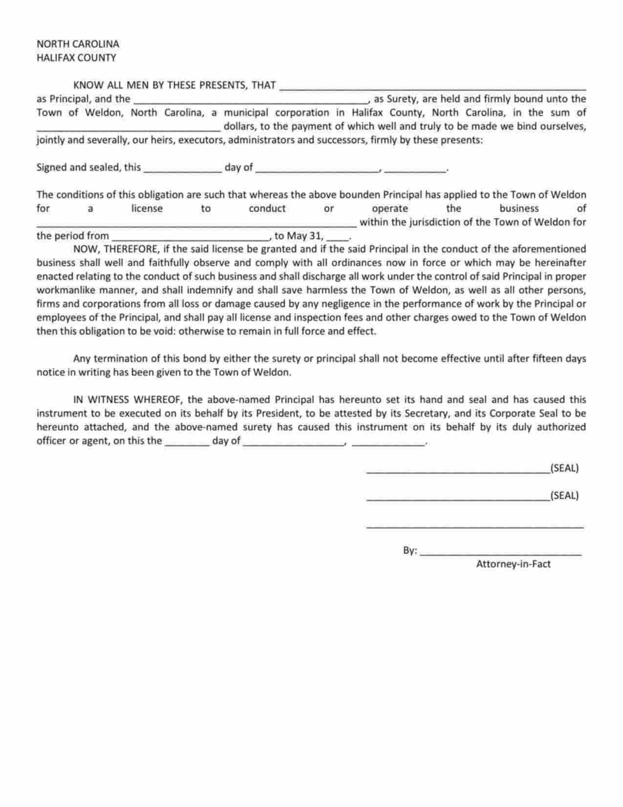 North Carolina License/Permit Bond Form