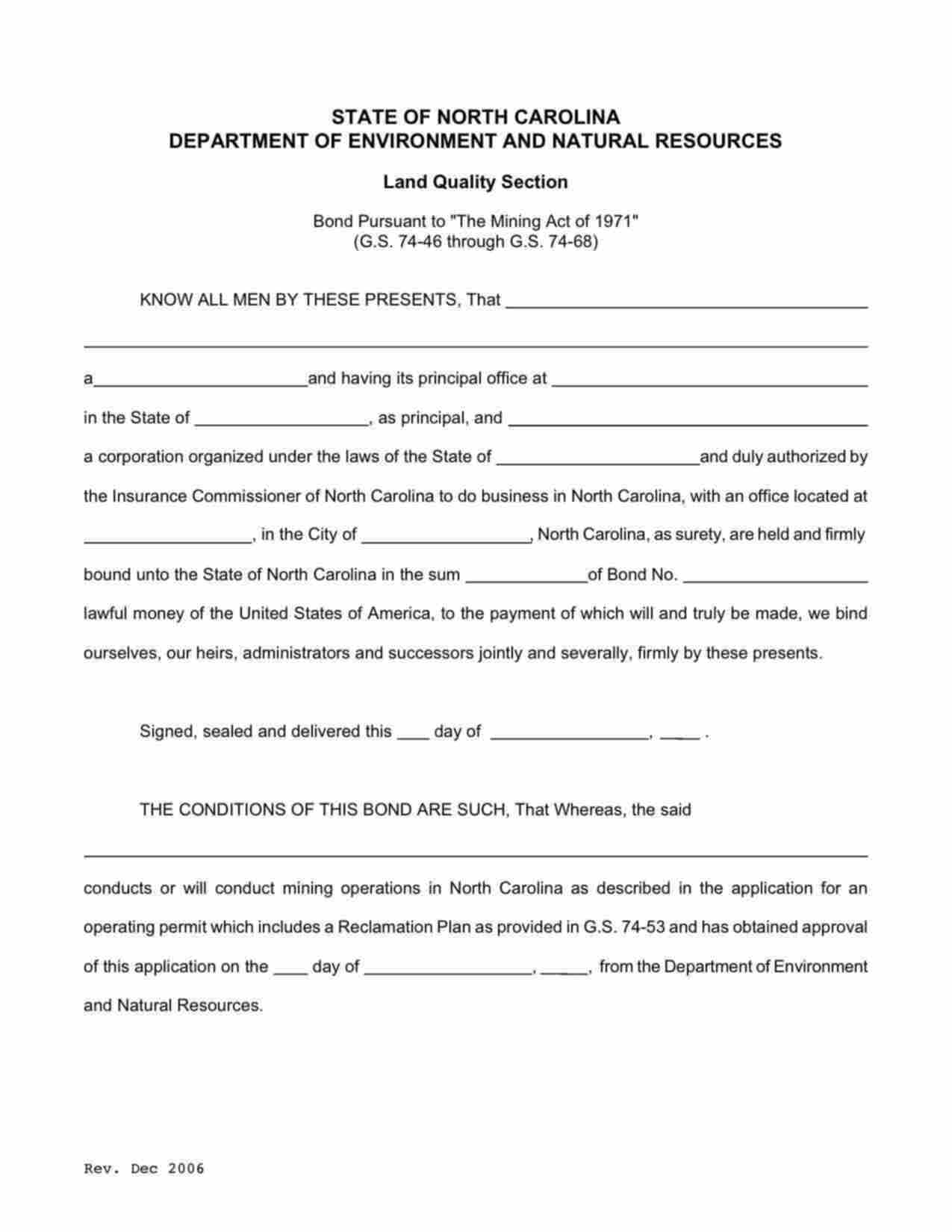 North Carolina Land Quality Section - Reclamation Bond Form