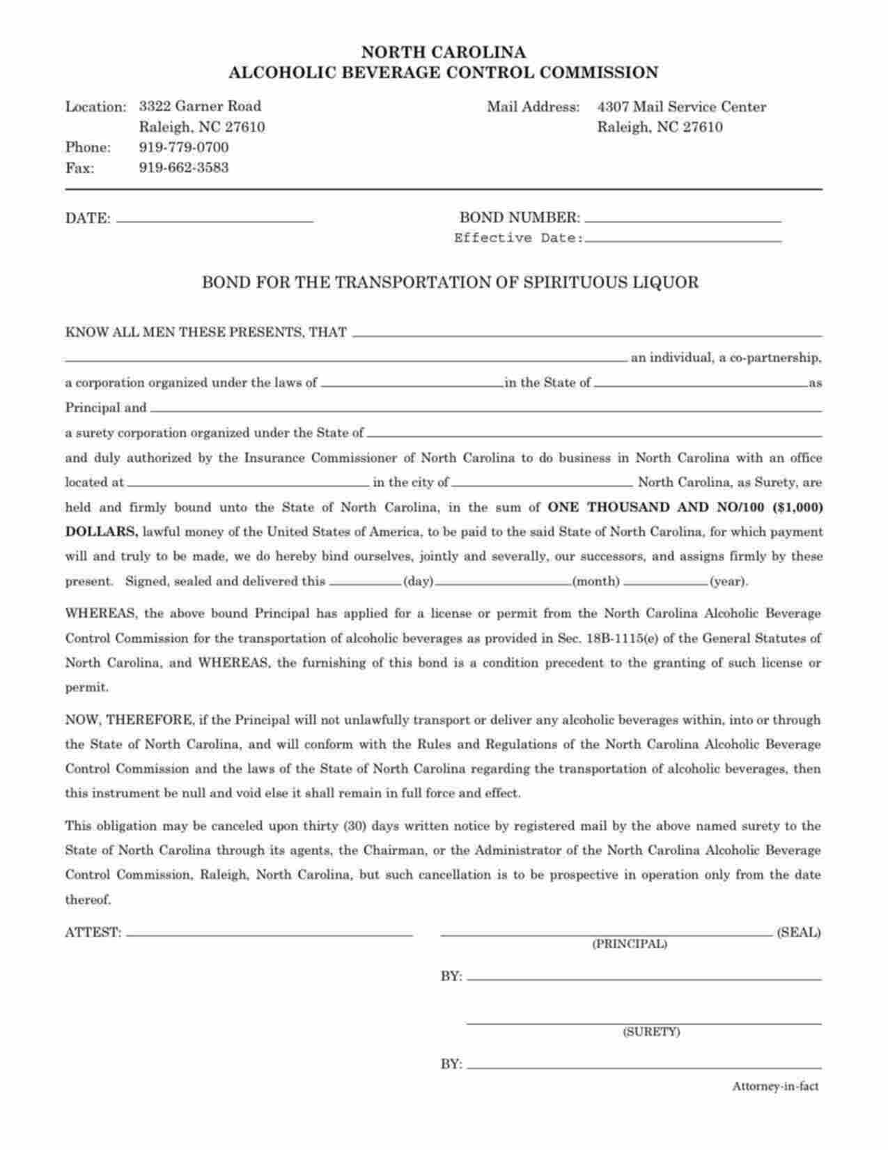 North Carolina Transportation of Spirituous Liquor Bond Form