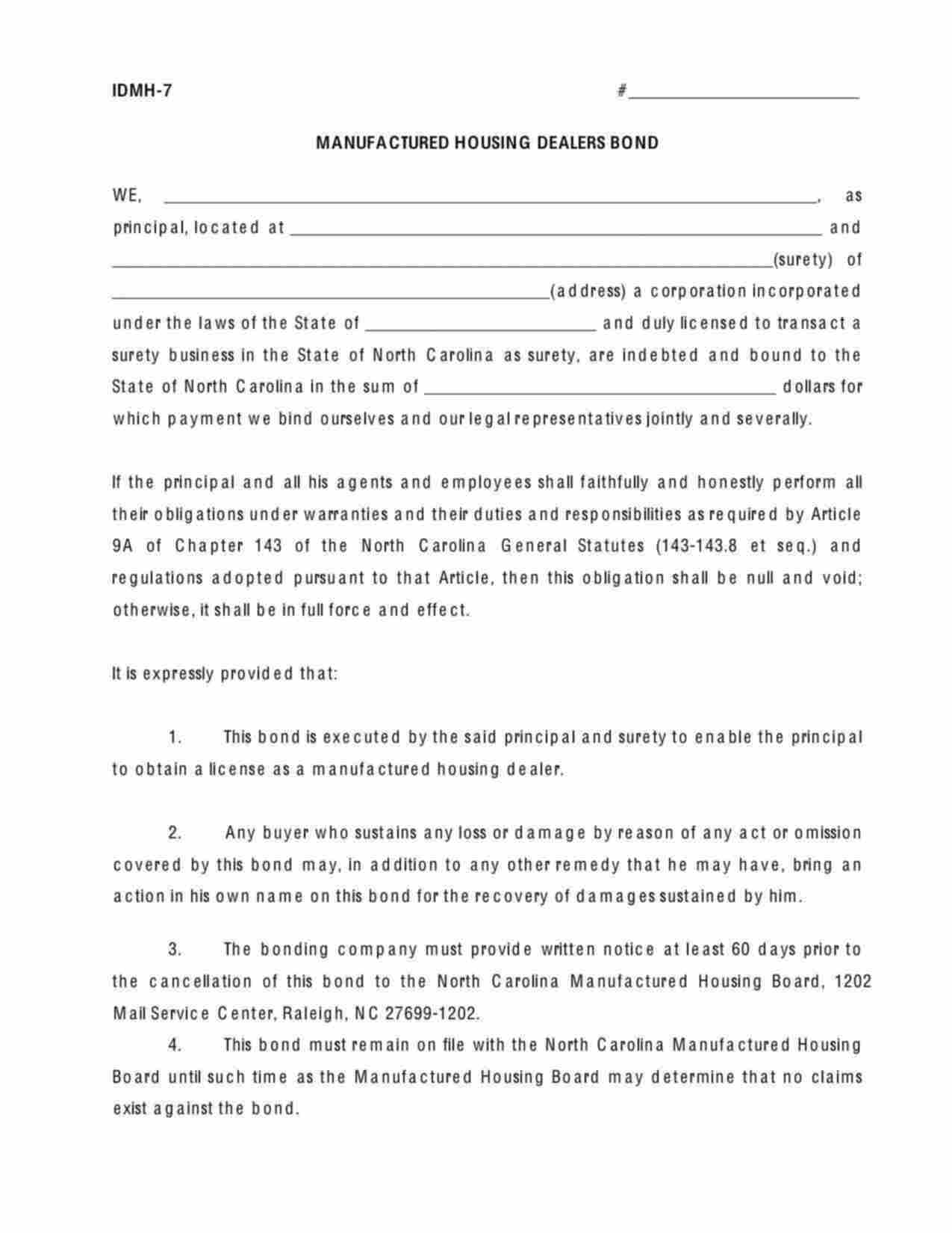 North Carolina Manufactured Housing Dealer Bond Form