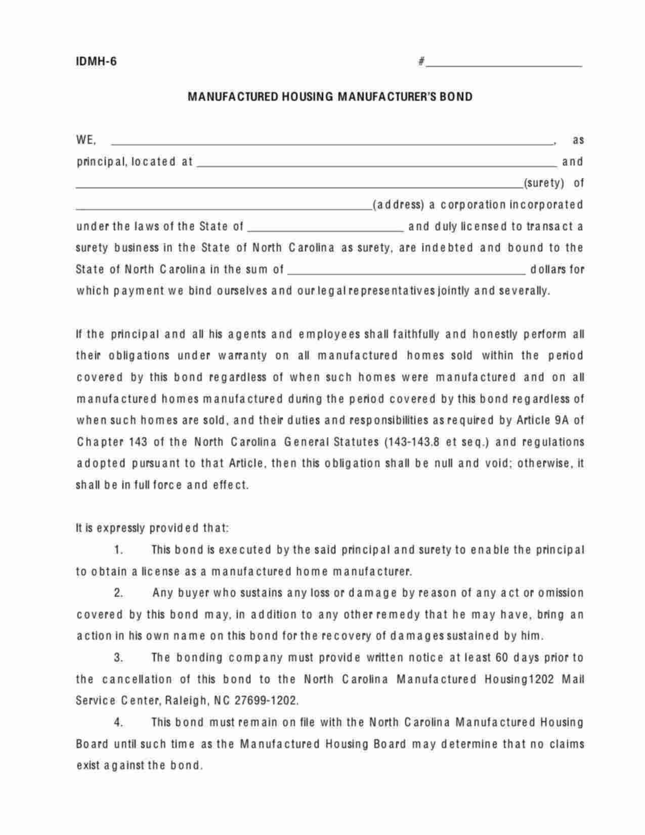 North Carolina Manufactured Housing Manufacturer Bond Form