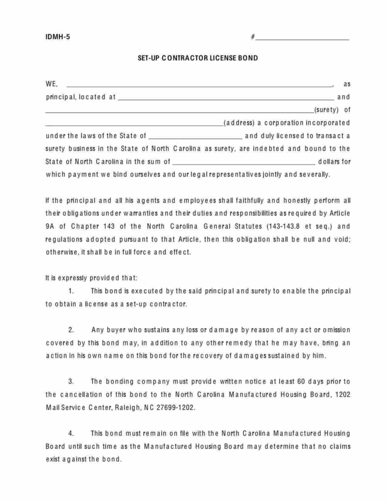 North Carolina Manufactured Housing Set-Up Contractor Bond Form