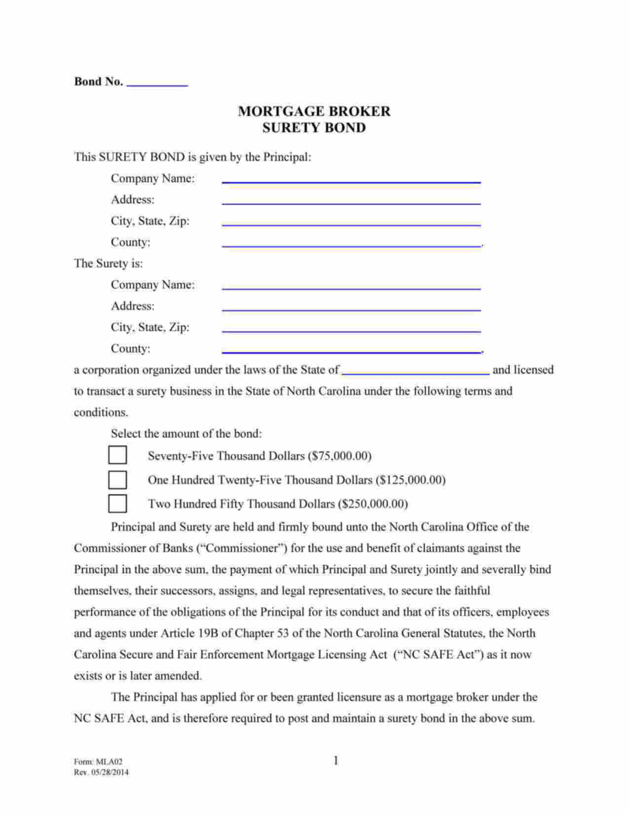 North Carolina Mortgage Broker Bond Form