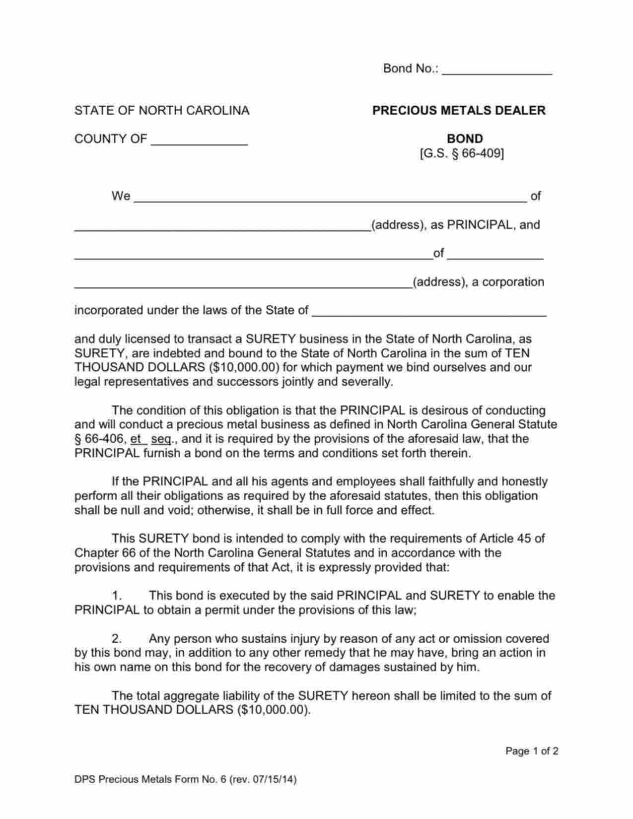 North Carolina Precious Metals Dealer Bond Form