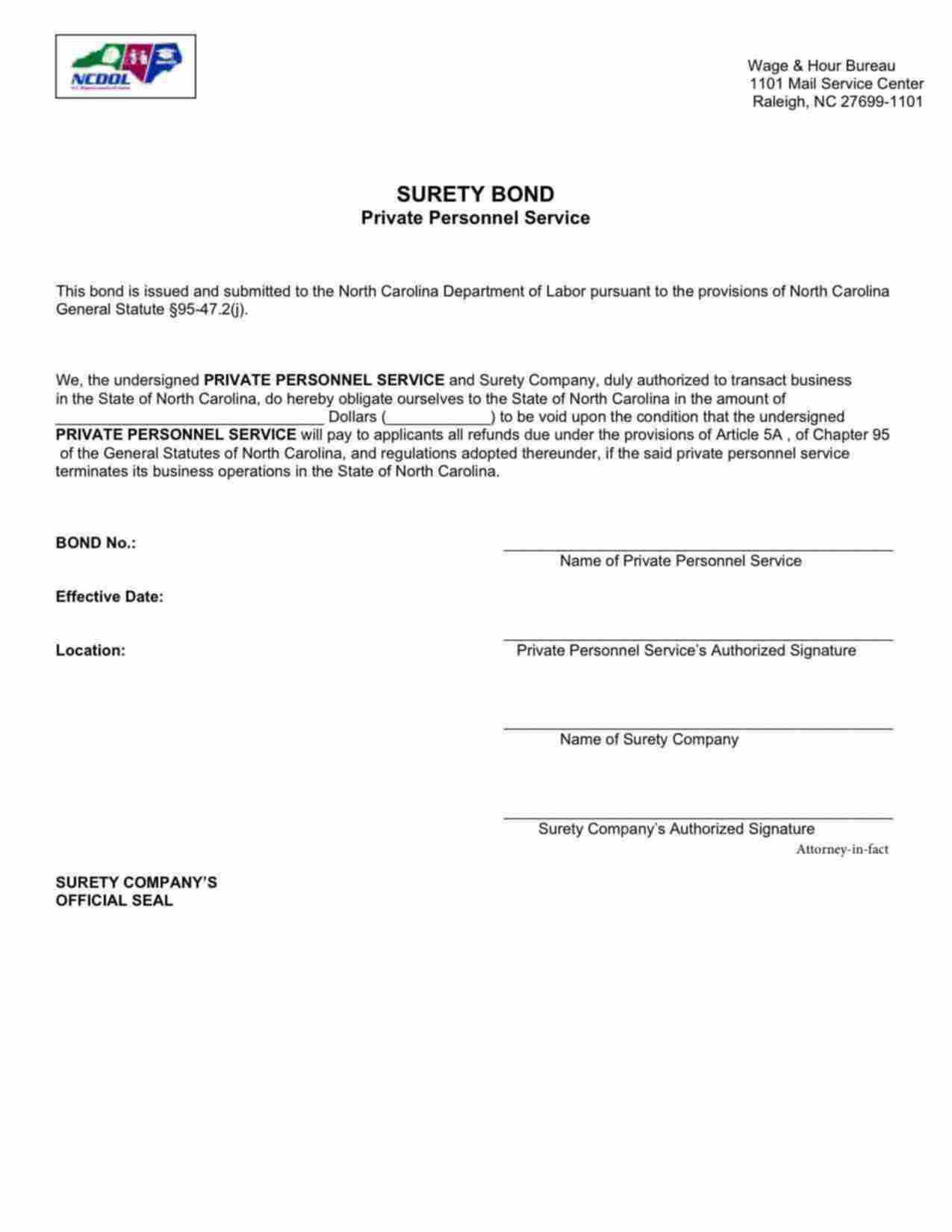 North Carolina Private Personnel Service Bond Form