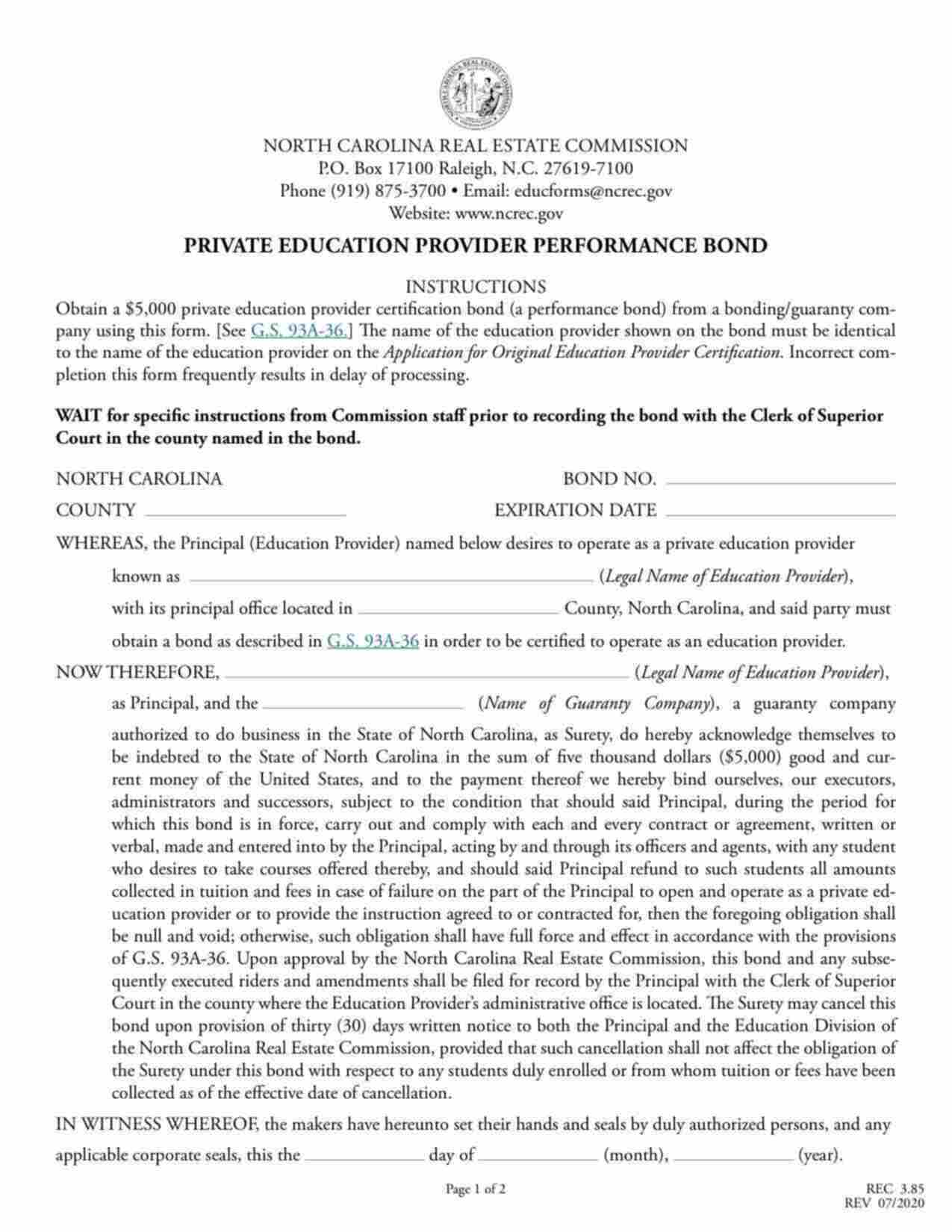 North Carolina Private Real Estate School Performance Bond Form